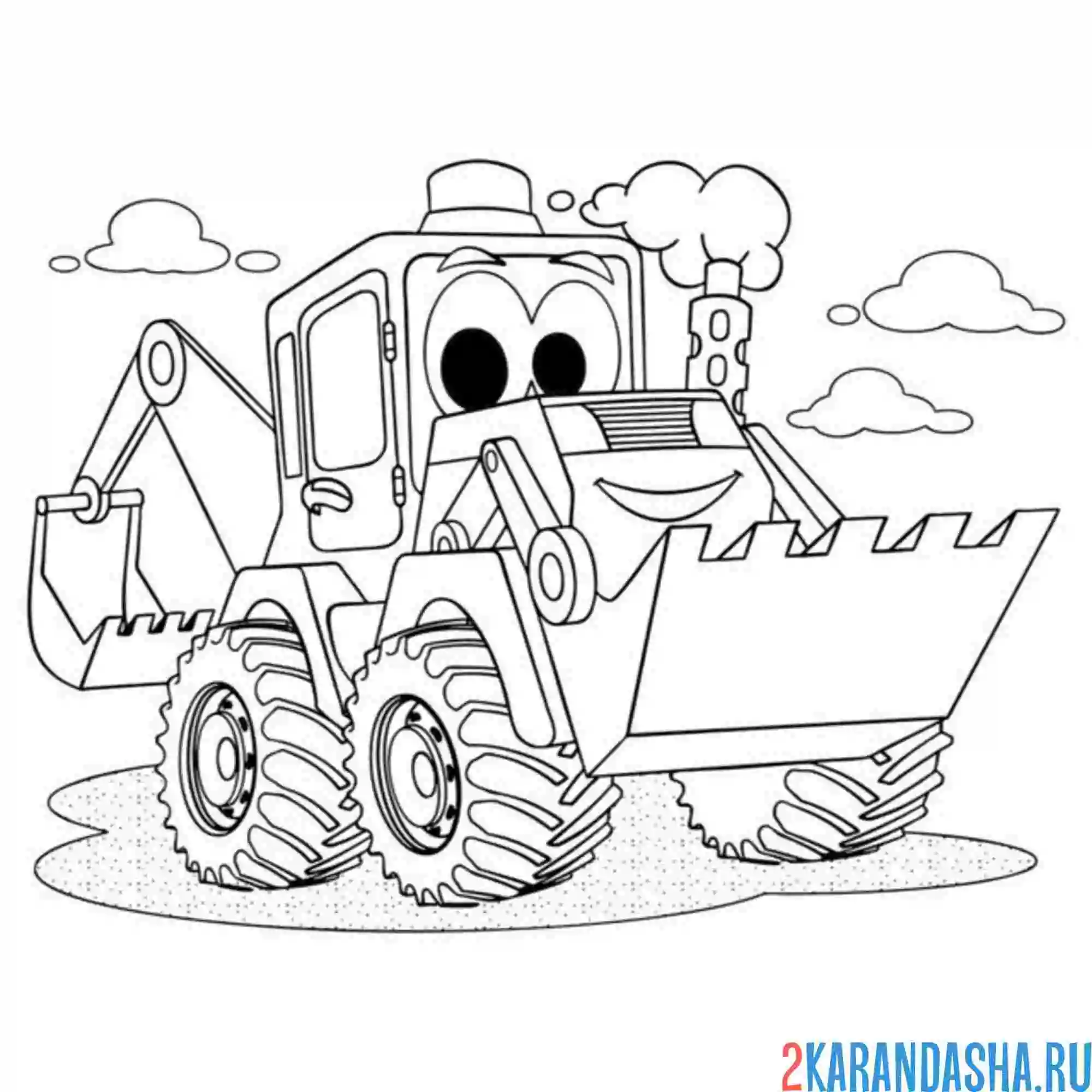 Раскраска экскаватор с глазками и ковшом
