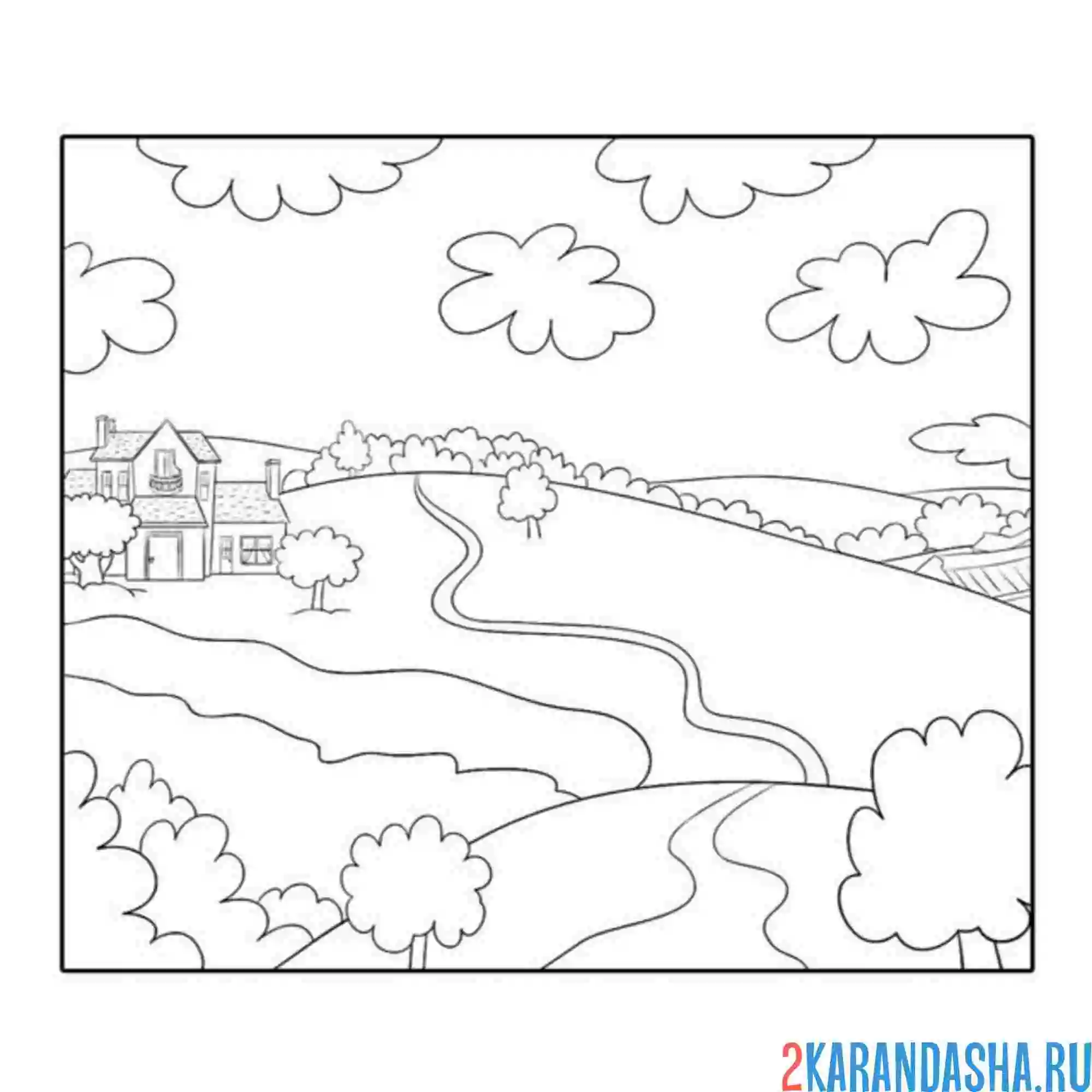 Раскраска дом луга и облака