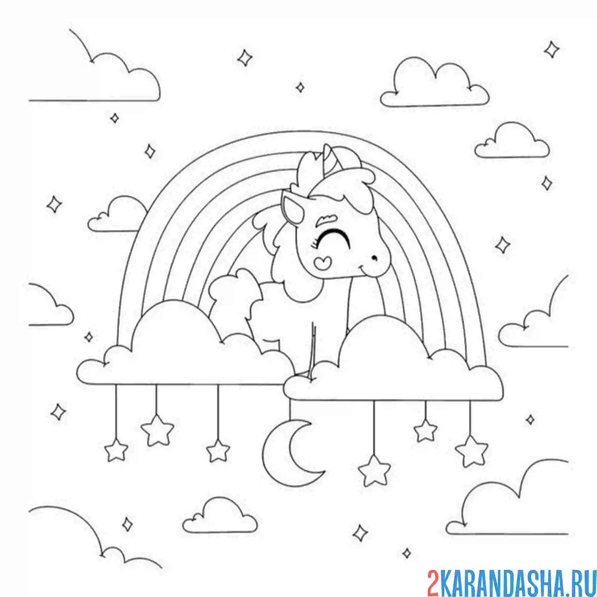 Раскраска милый единорожек в облаках