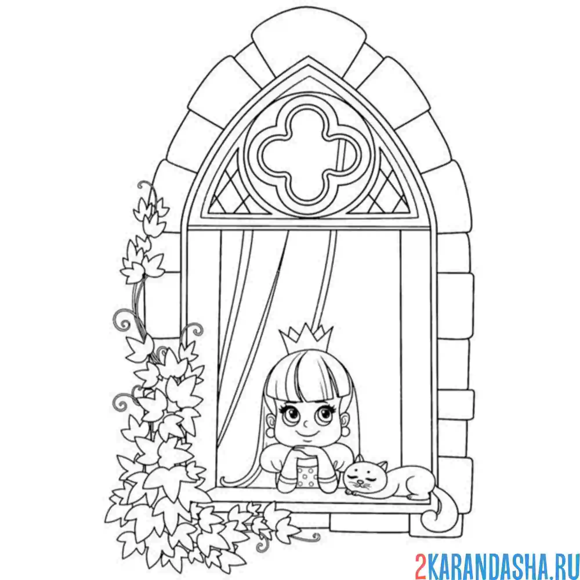 Раскраска принцесса в окне замка