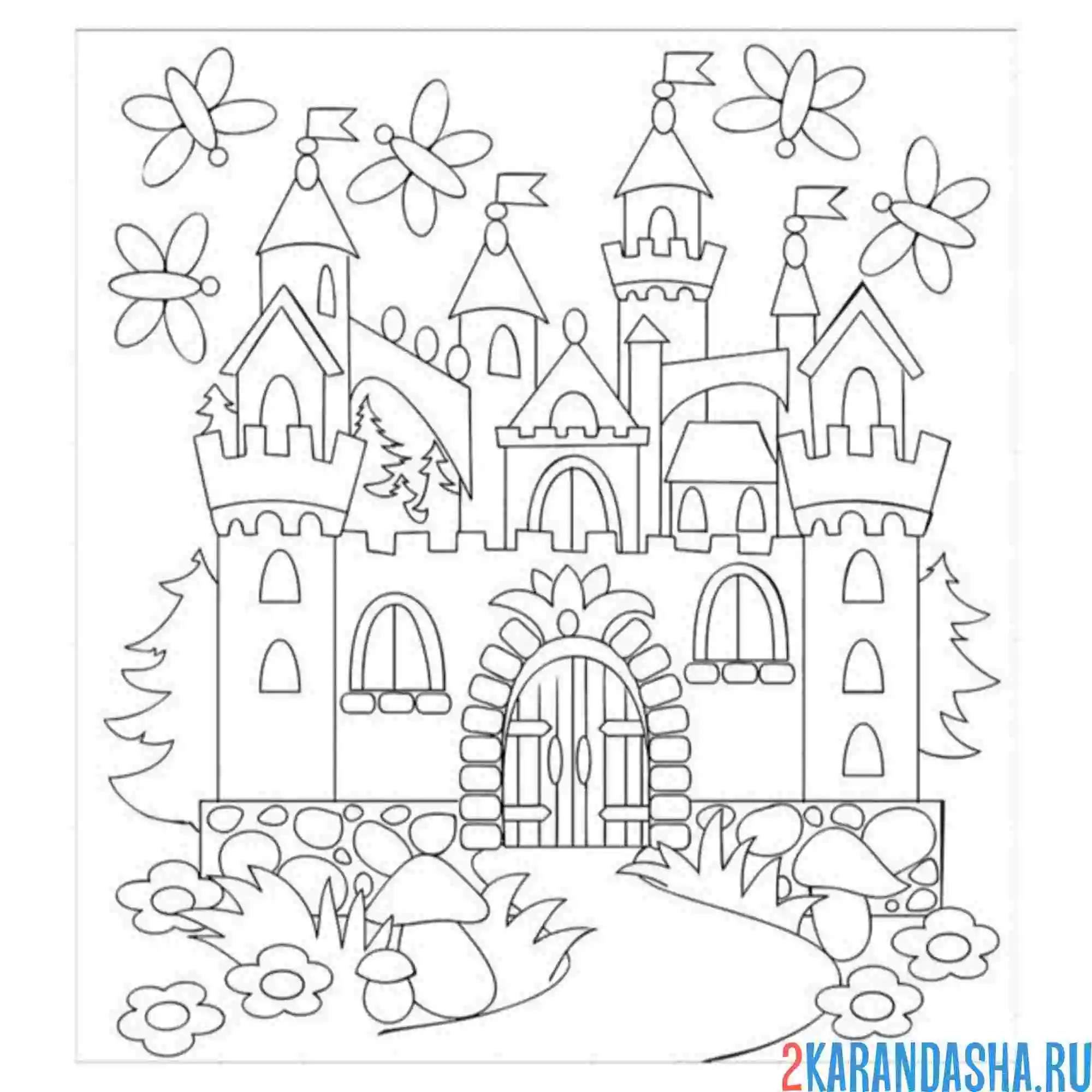 Раскраска замок с бабочками