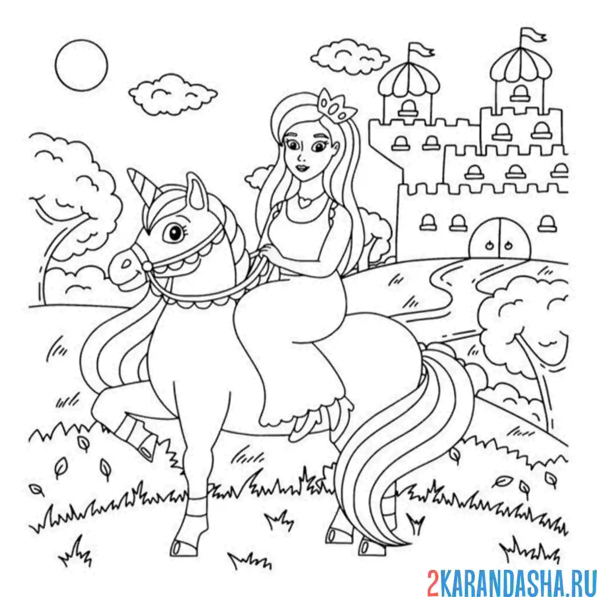 Раскраска принцесса на коне и замок