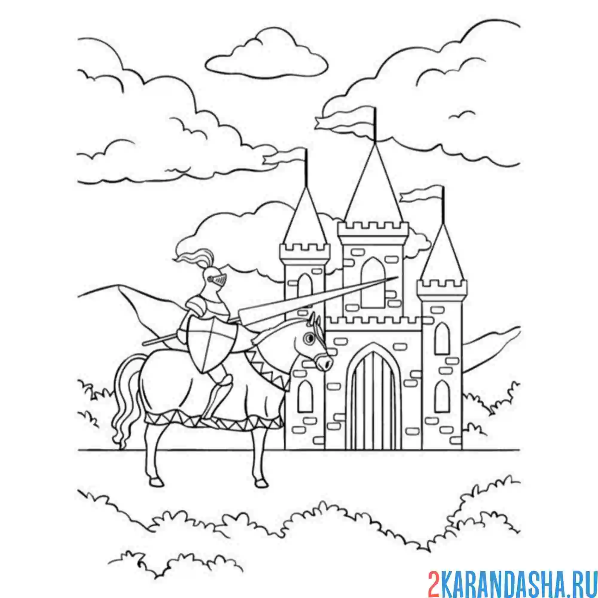 Раскраска рыцарь на коне рядом с замком