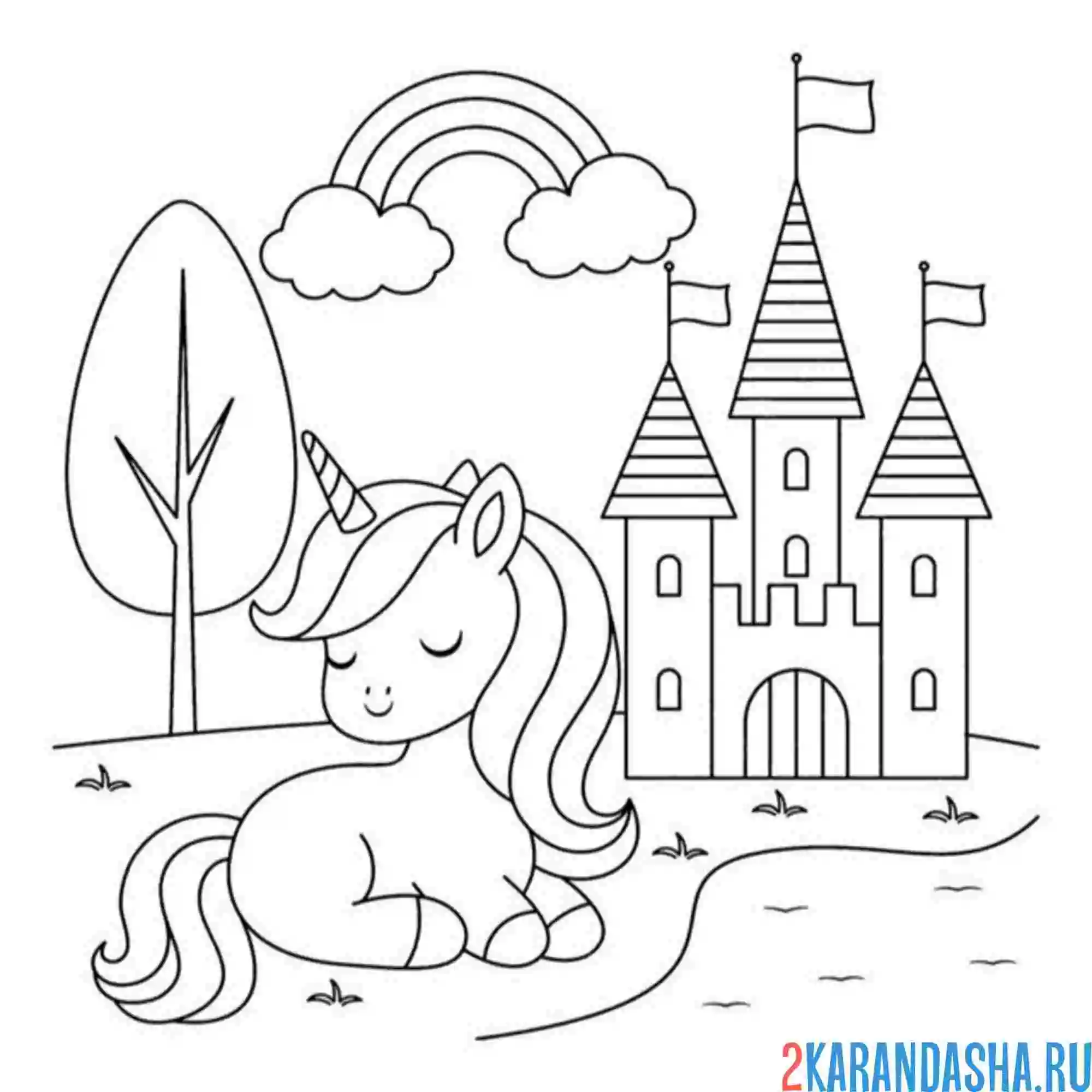 Раскраска единорог спит у замка