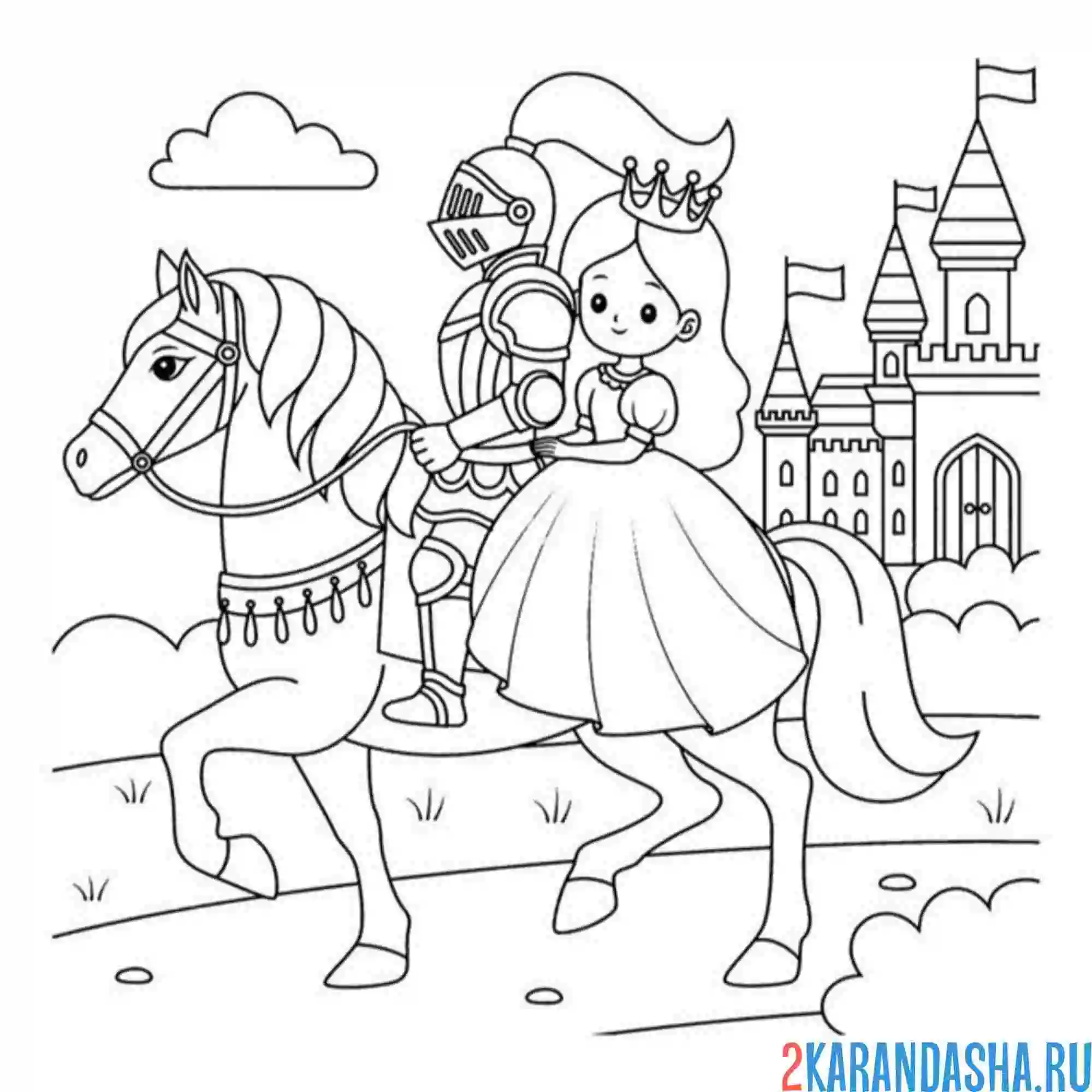 Раскраска рыцарь и принцесса у замка