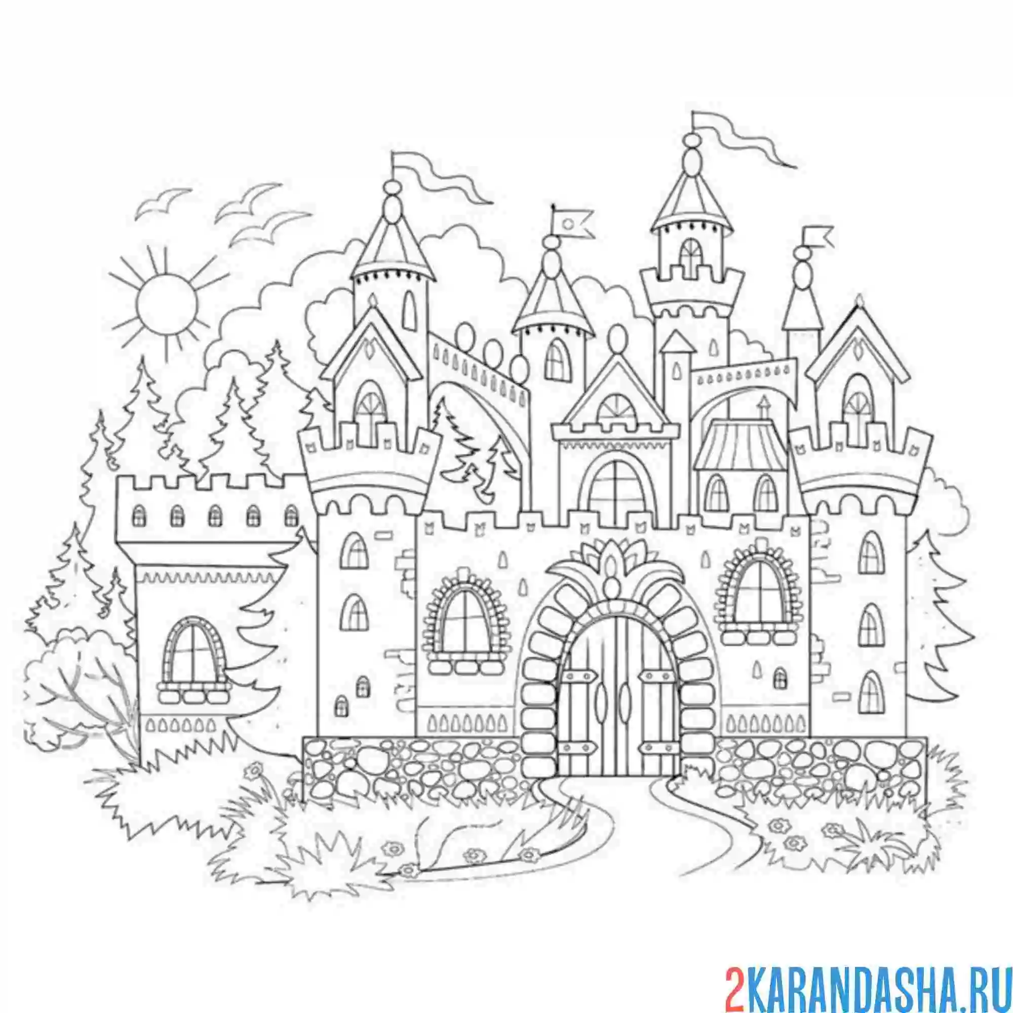 Раскраска замок в лесу