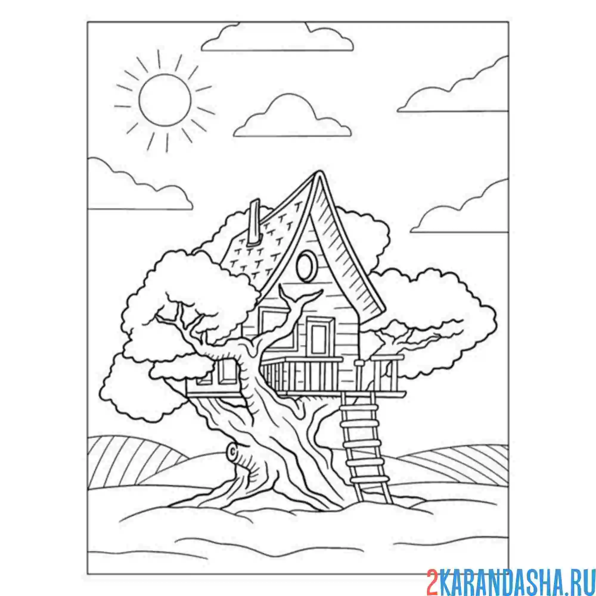 Раскраска домик на дереве