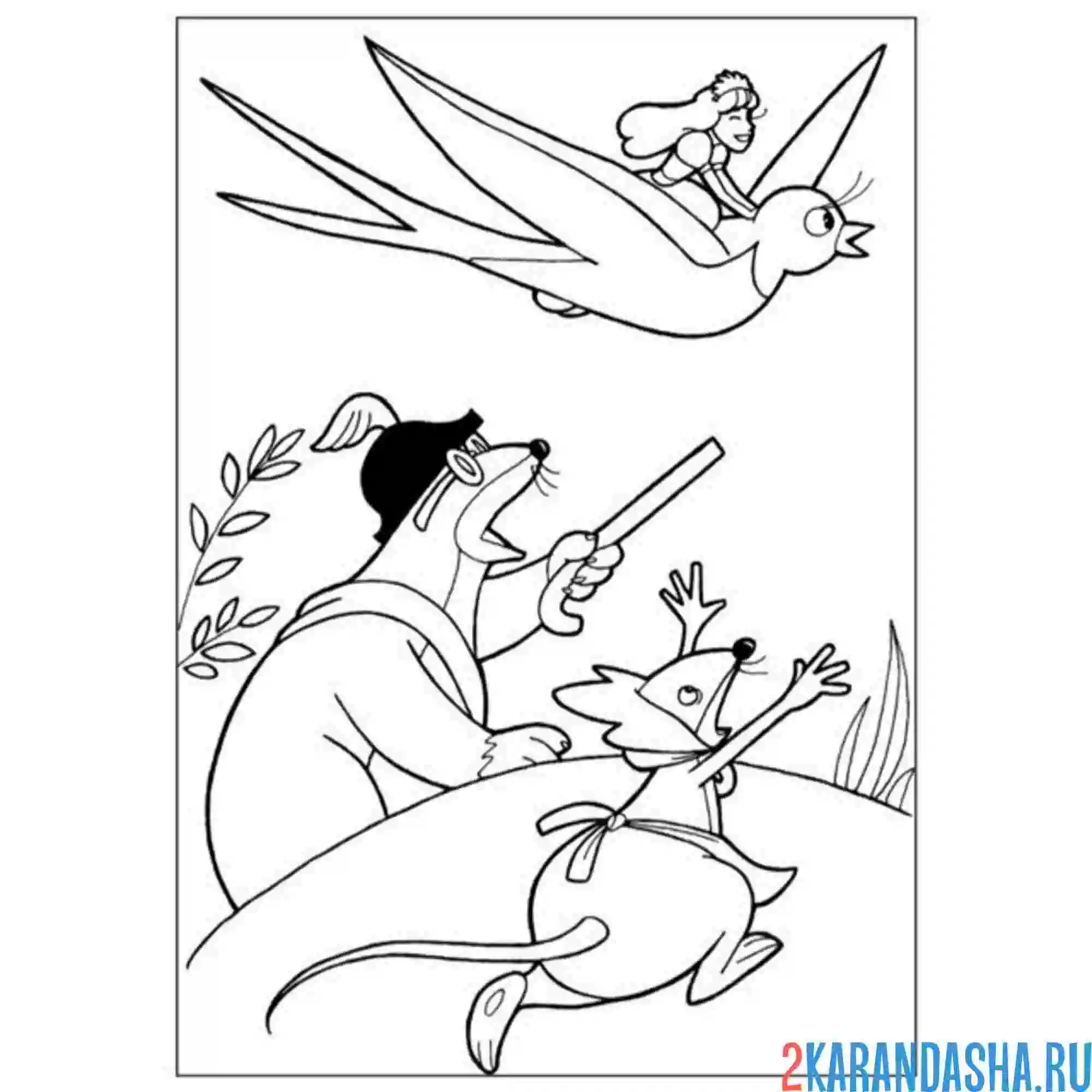 Раскраска дюймовочка на ласточке