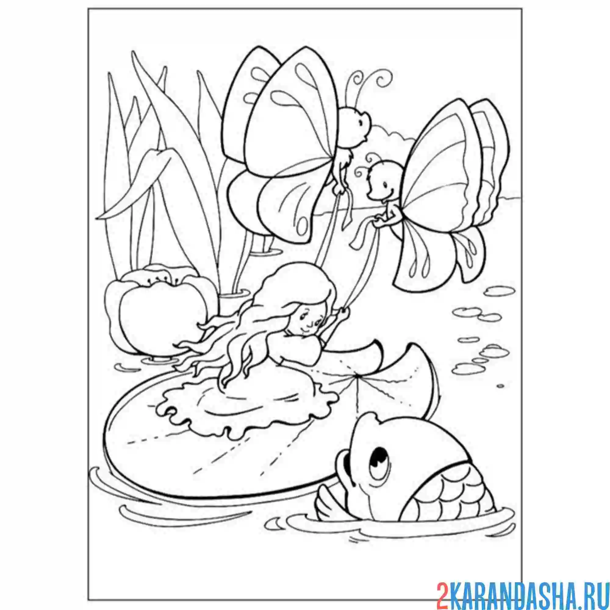 Раскраска дюймовочка и бабочки