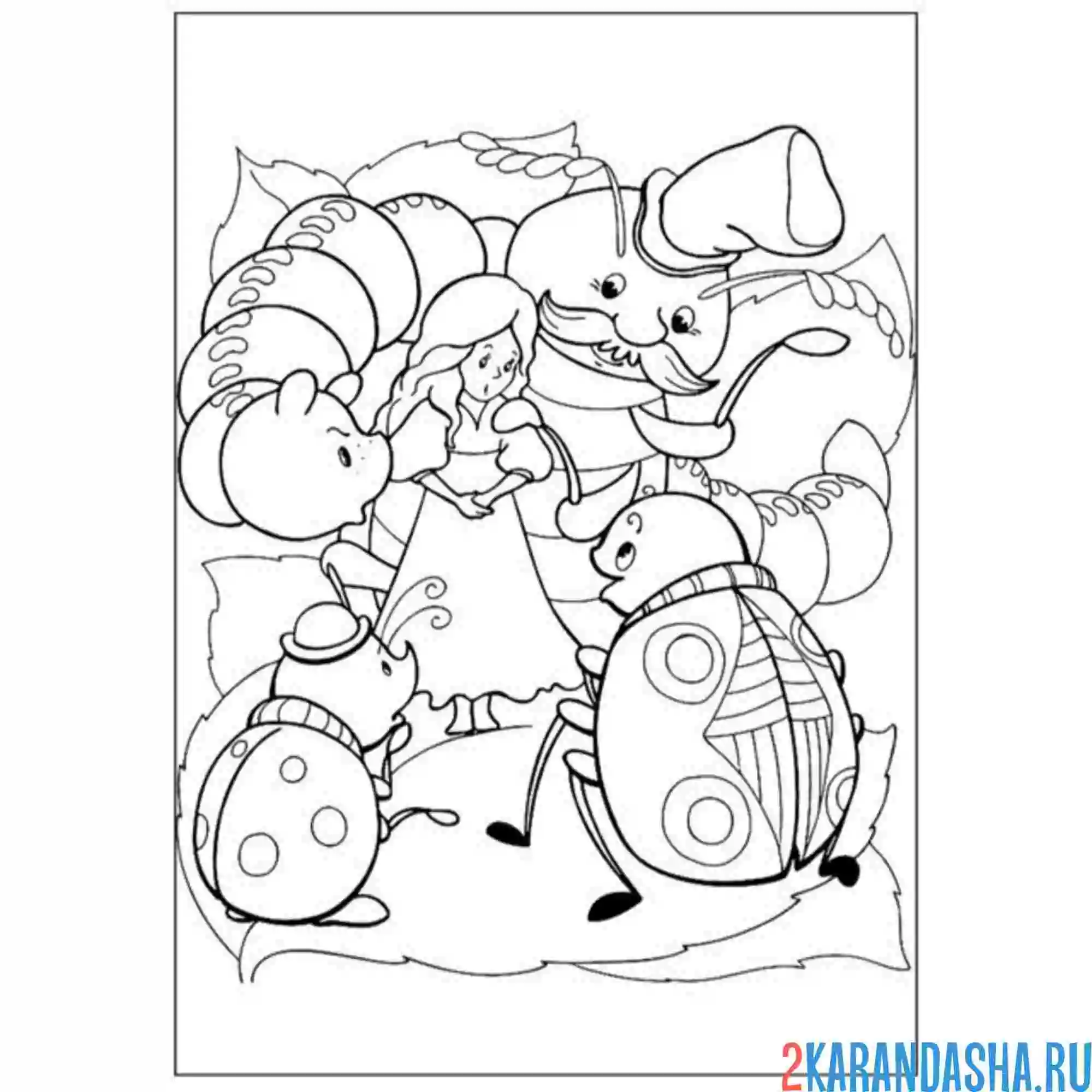 Раскраска дюймовочка и насекомые