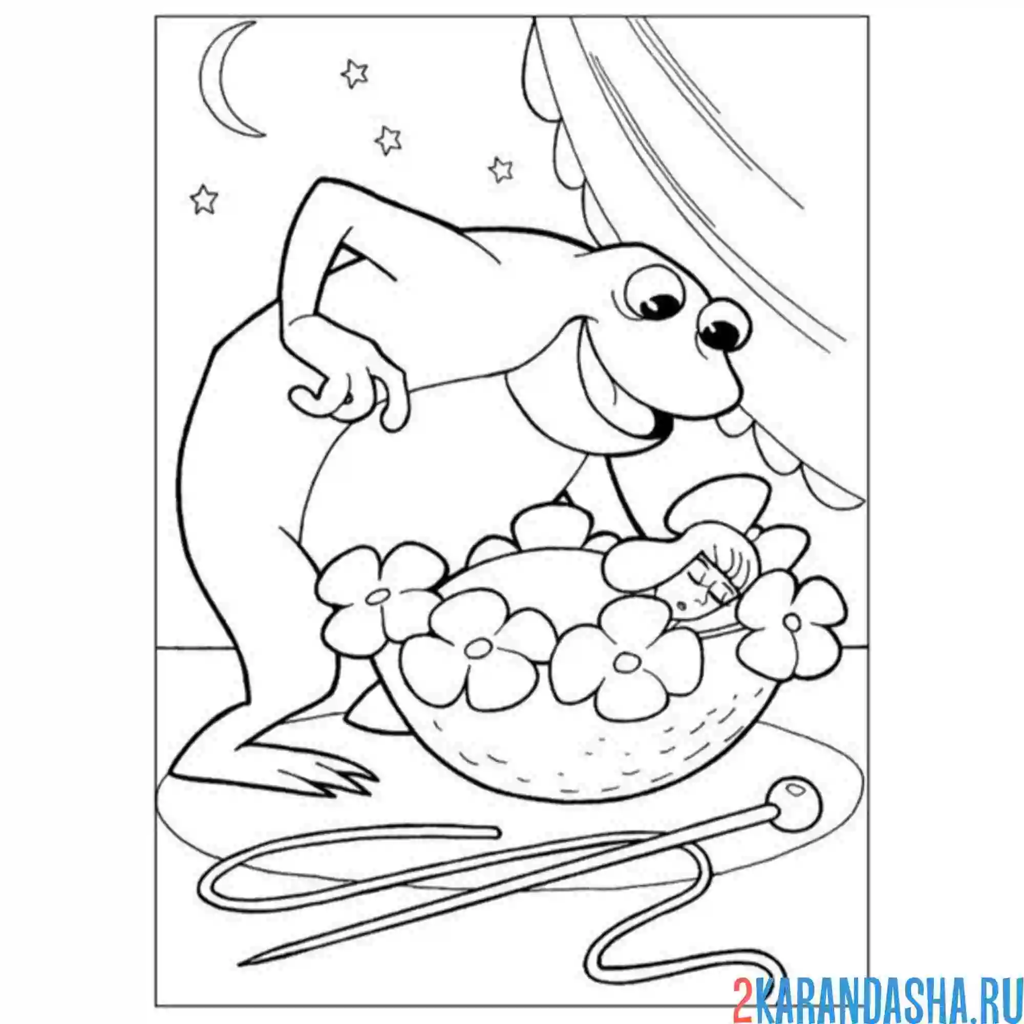 Раскраска дюймовочка спит и жаба