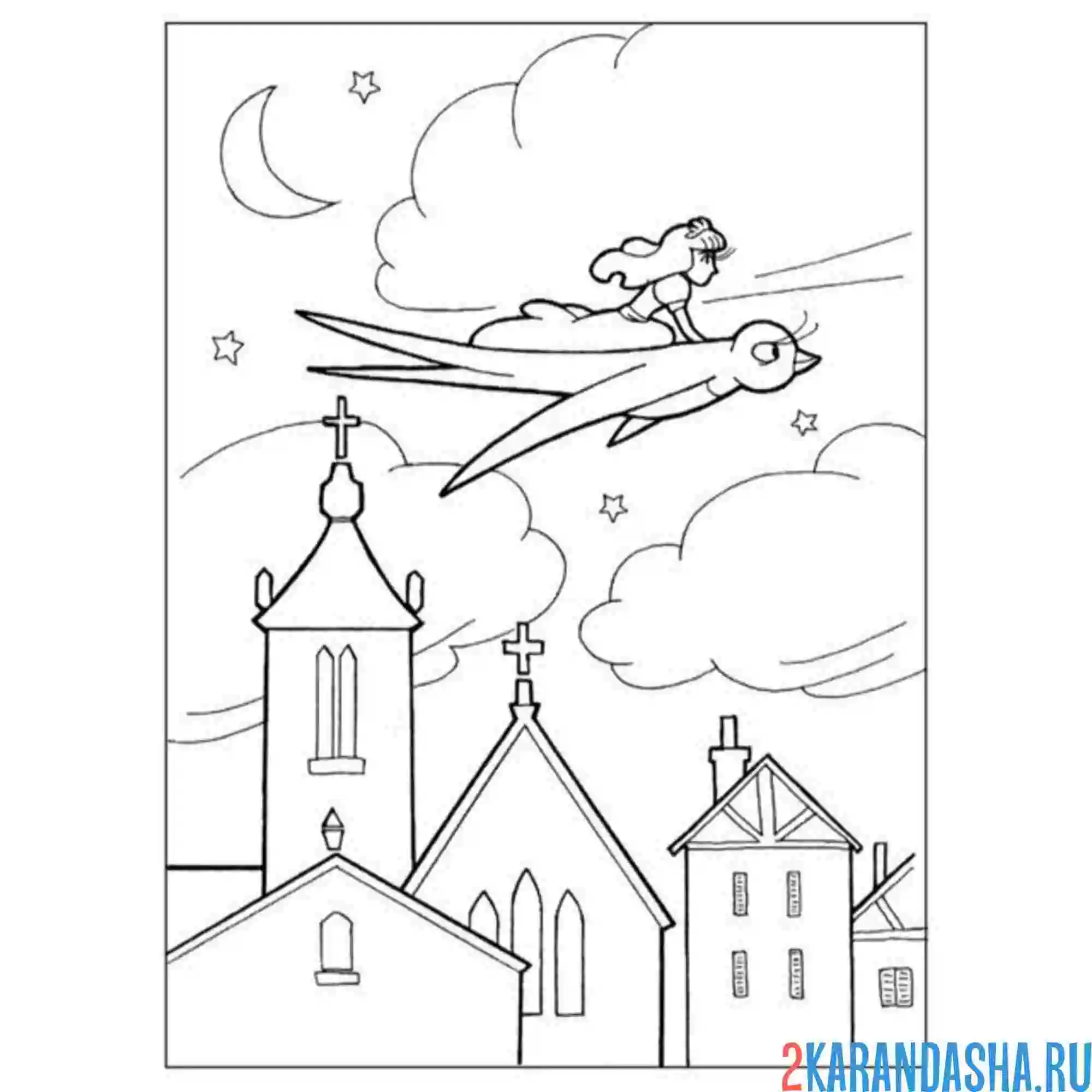 Раскраска дюймовочка летит на ласточке