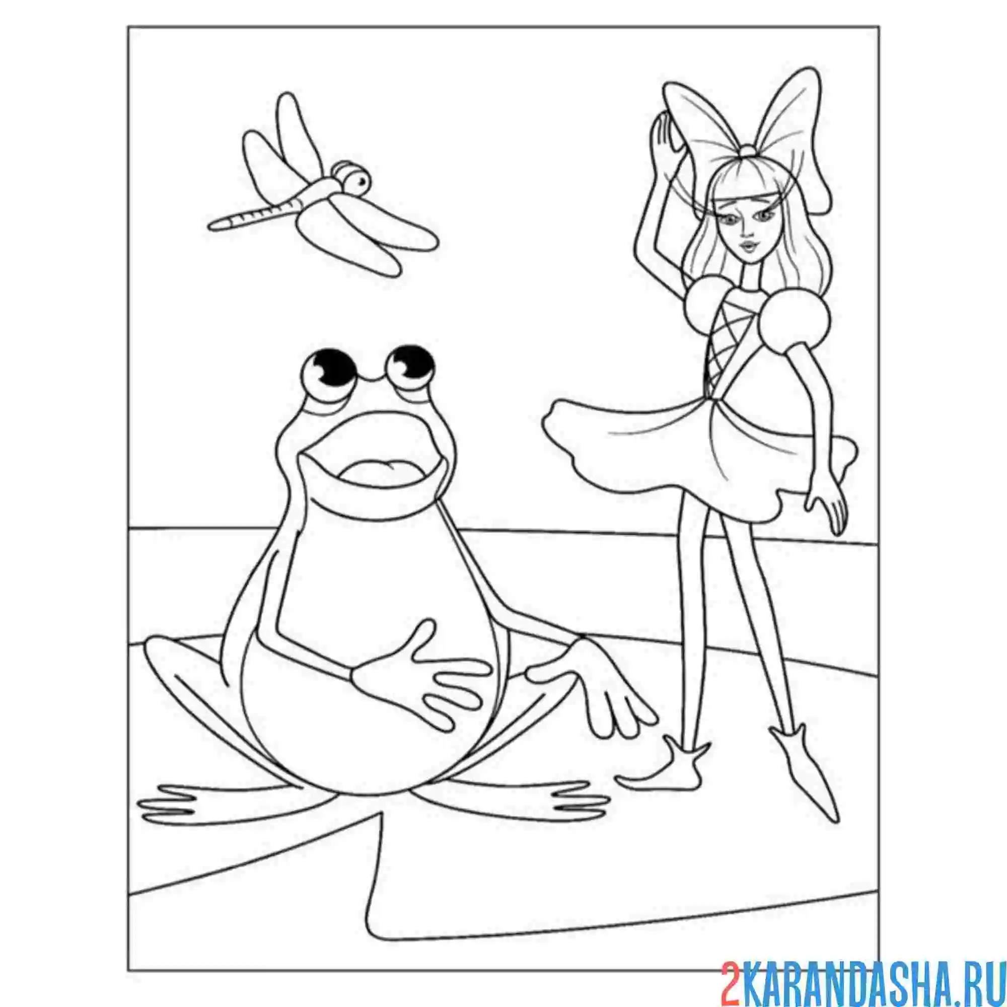 Раскраска жаба, дюймовочка и стрекоза