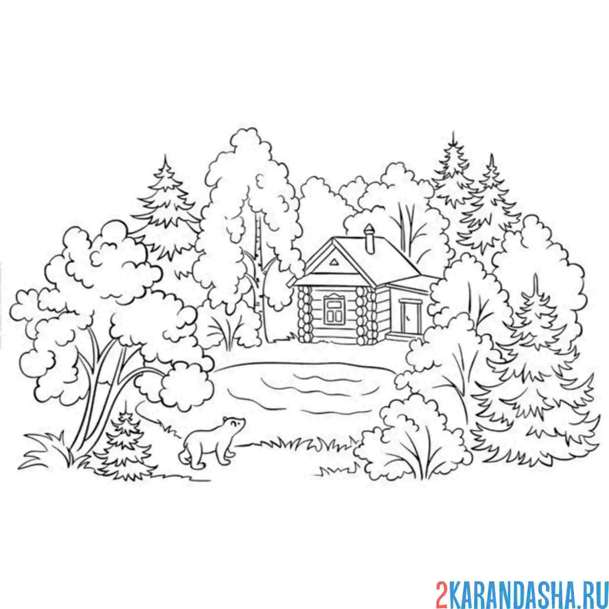 Раскраска домик в лесу береза и медведь
