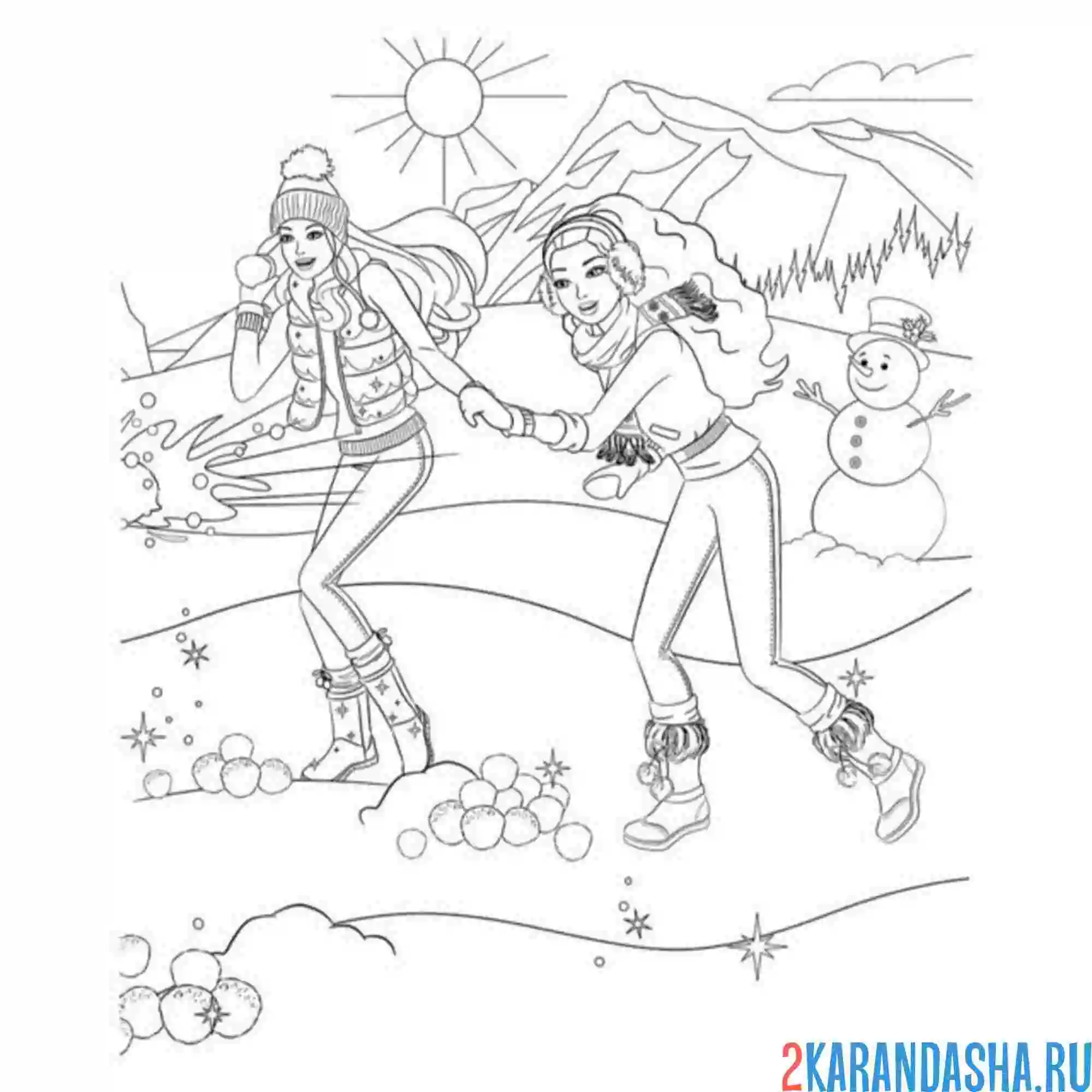 Раскраска барби играют в снежки