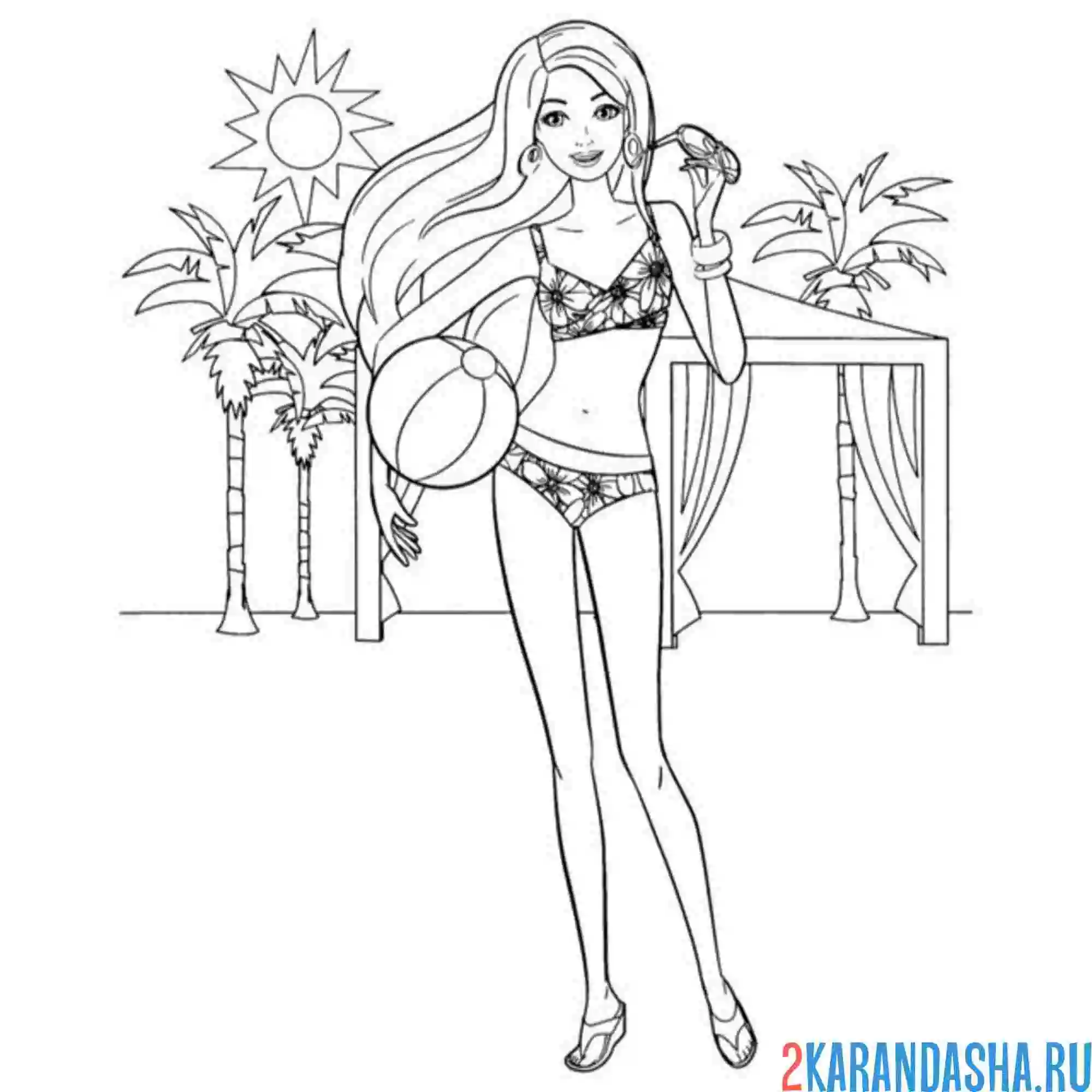Раскраска барби с мячом на пляже