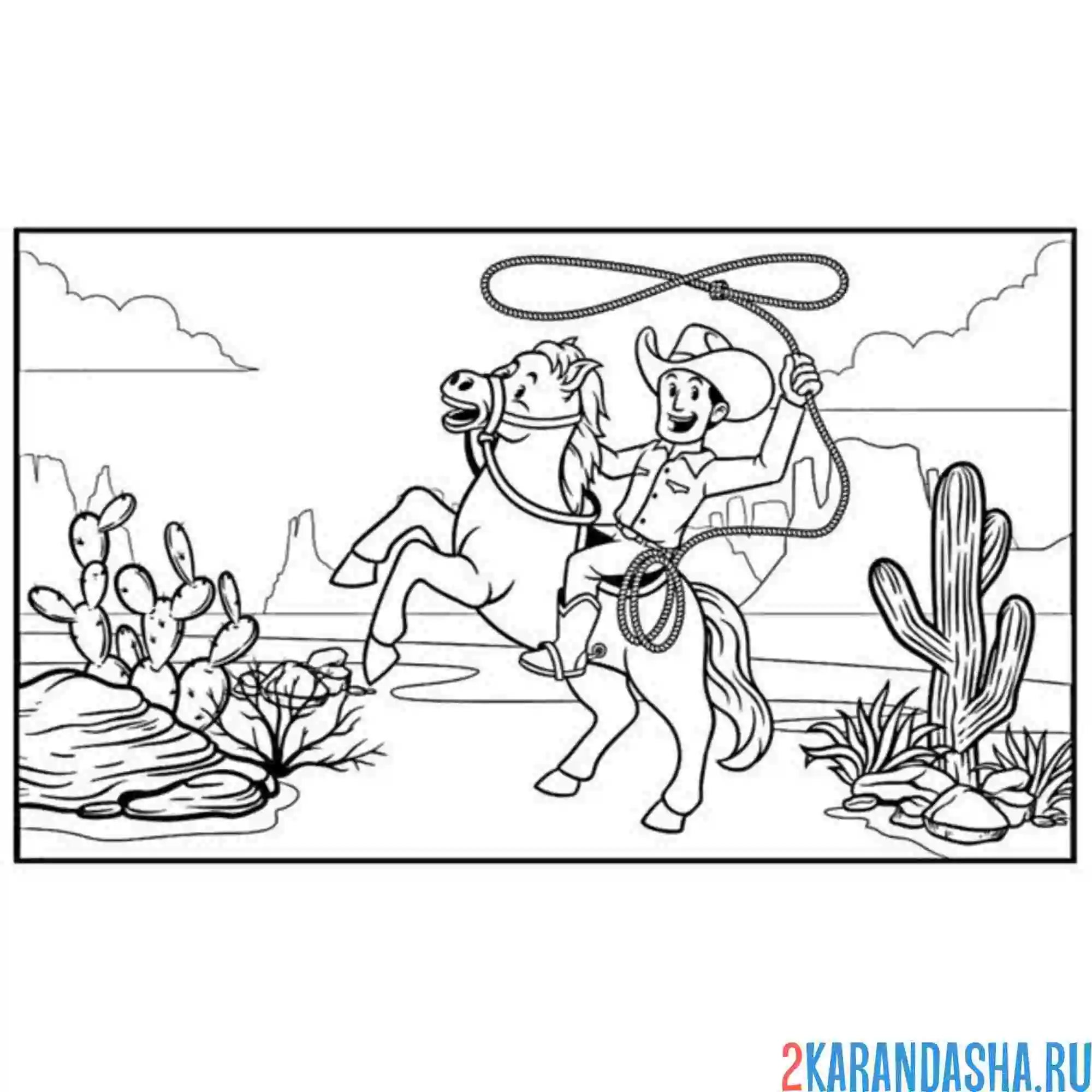 Раскраска ковбой и кактусы