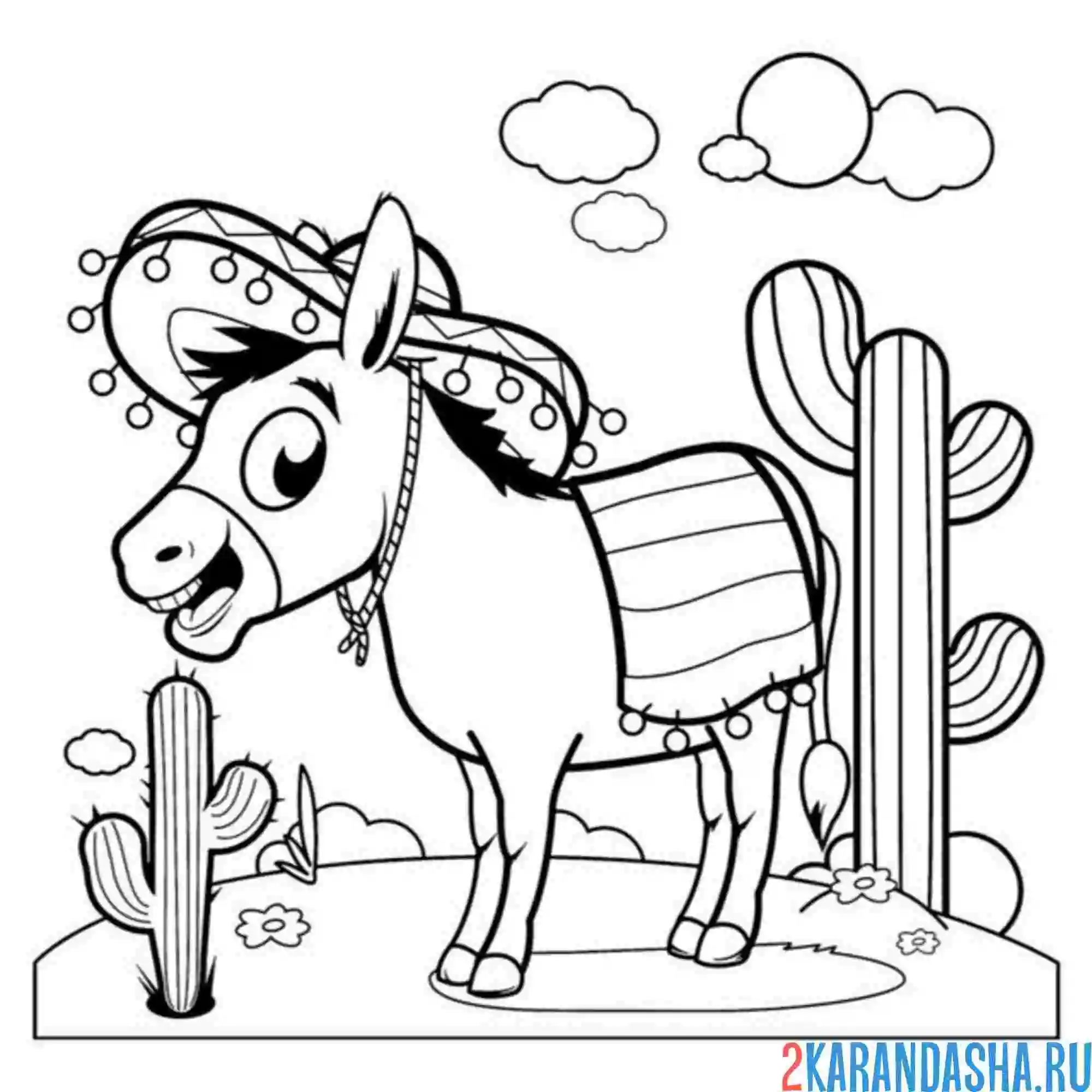 Раскраска ослик и кактусы