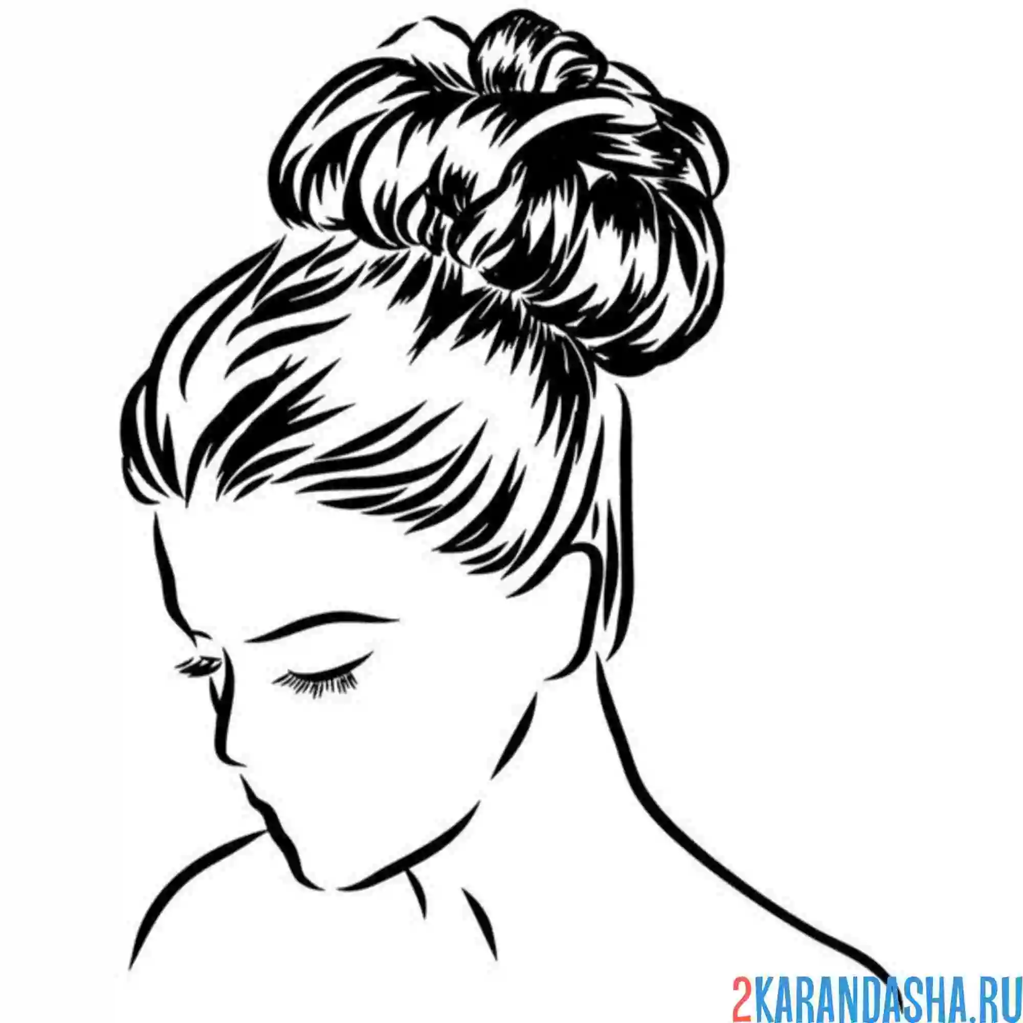 Раскраска девушка с пучком волосы прическа волосы