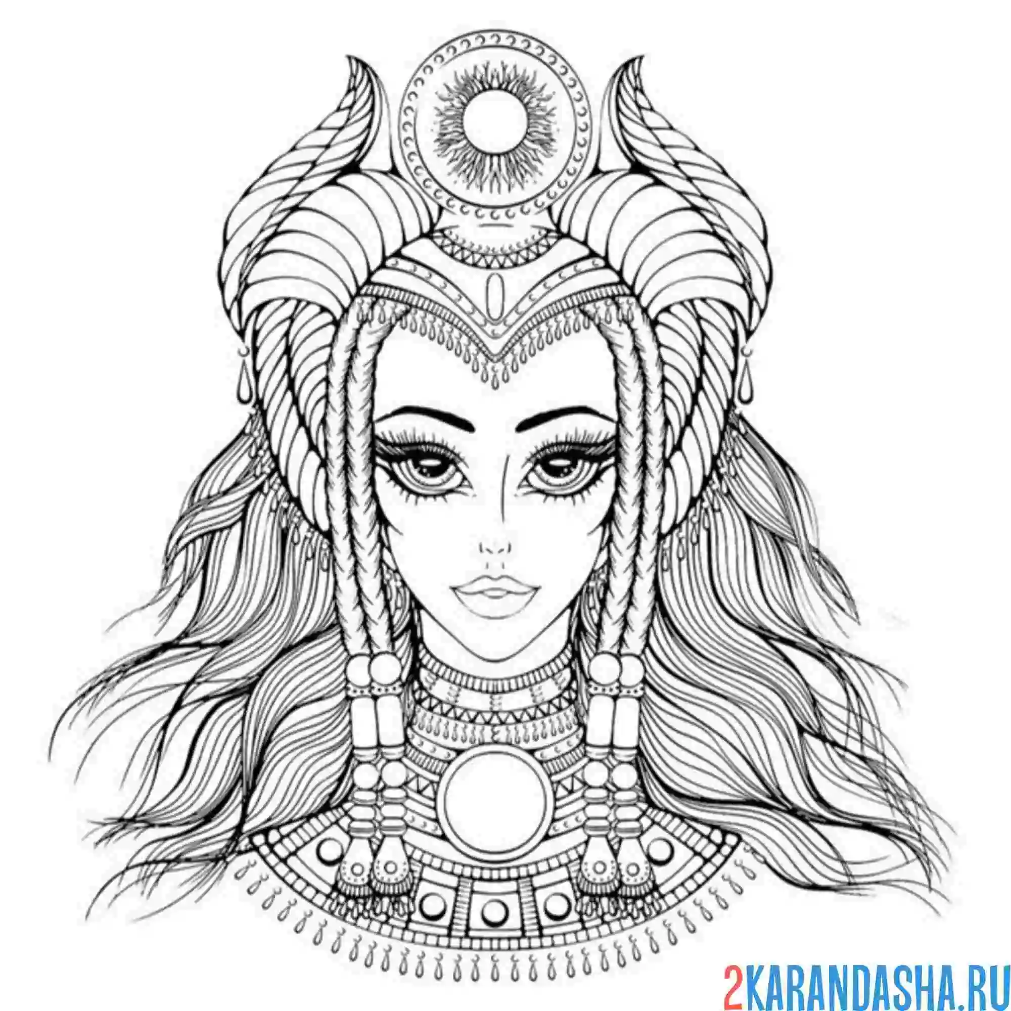 Раскраска девушка с длинными волосами и украшением
