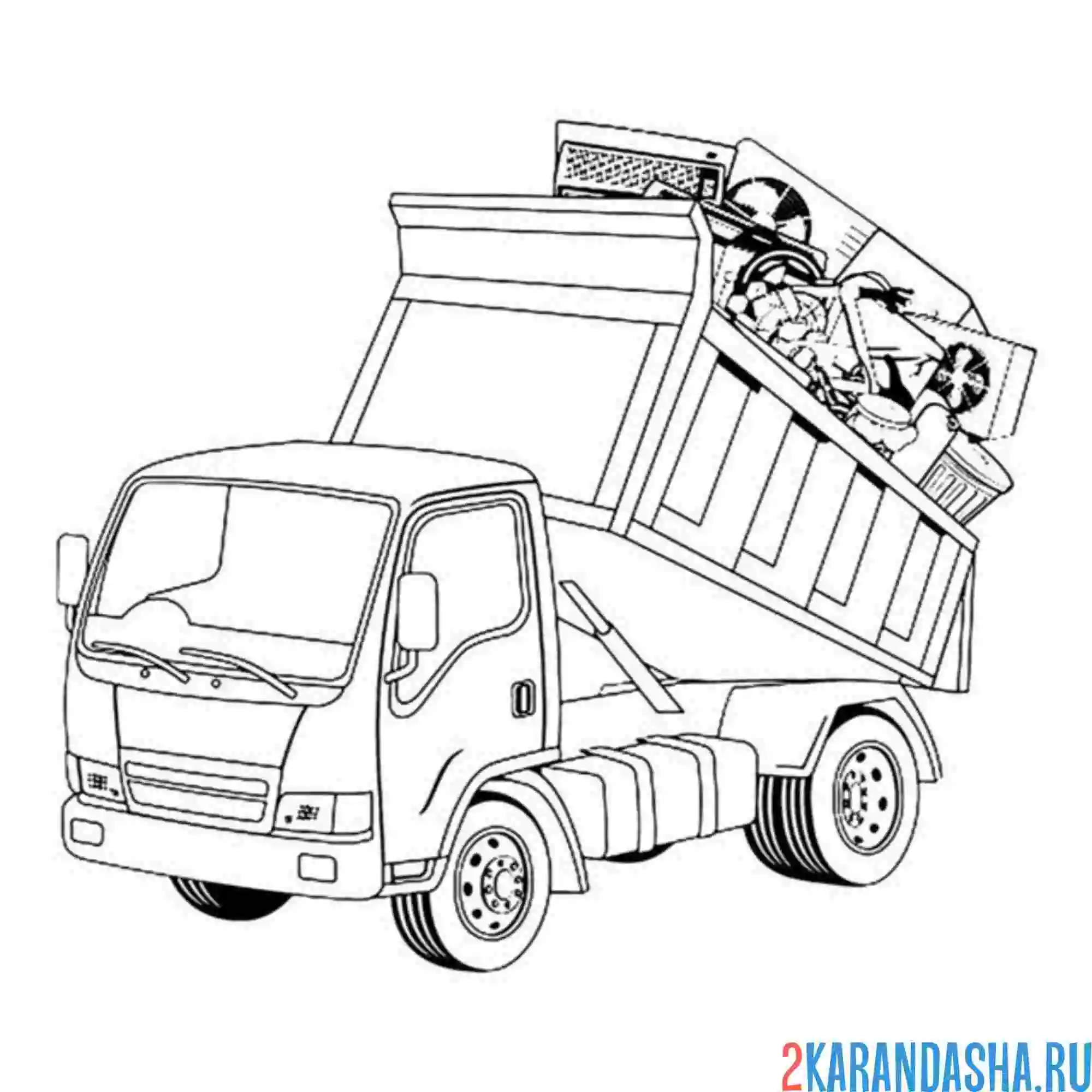 Раскраска мусоровоз вываливает бытовую технику