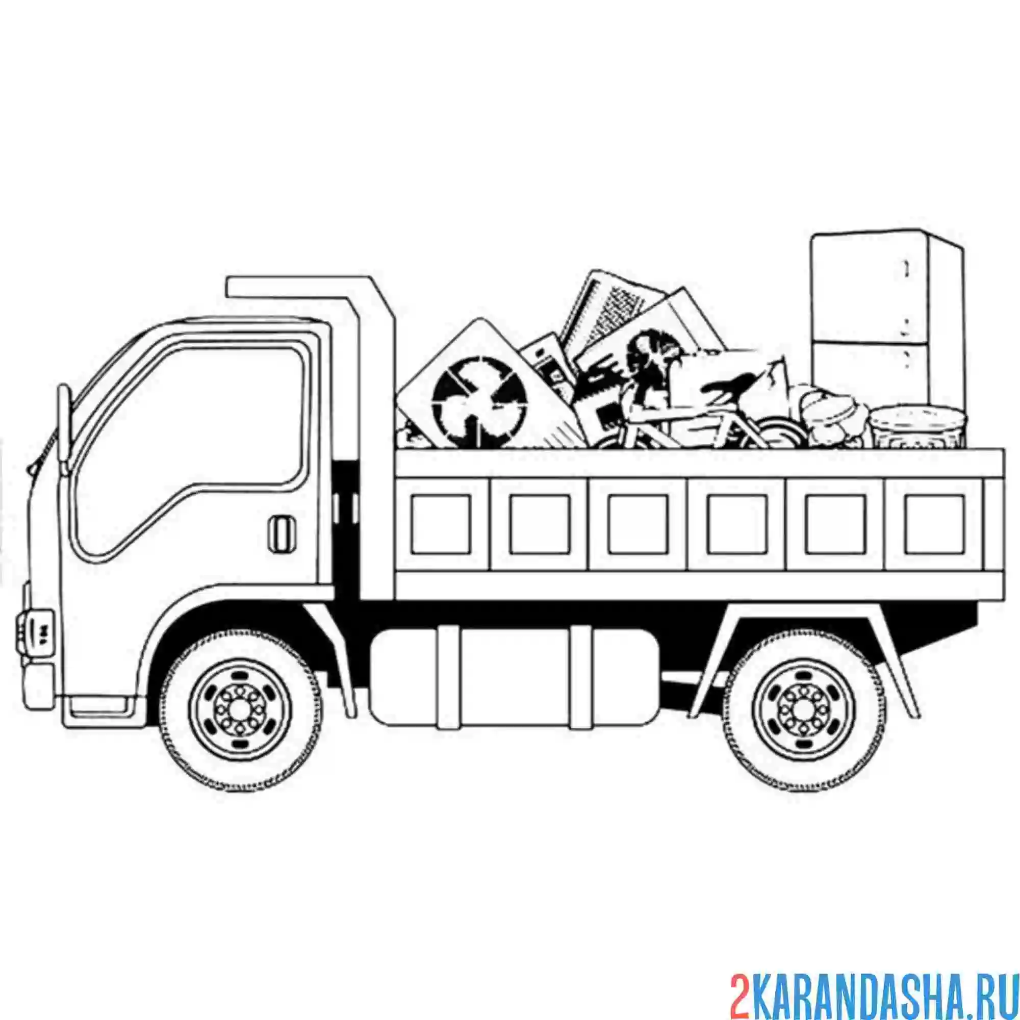 Раскраска мусоровоз с бытовой техникой