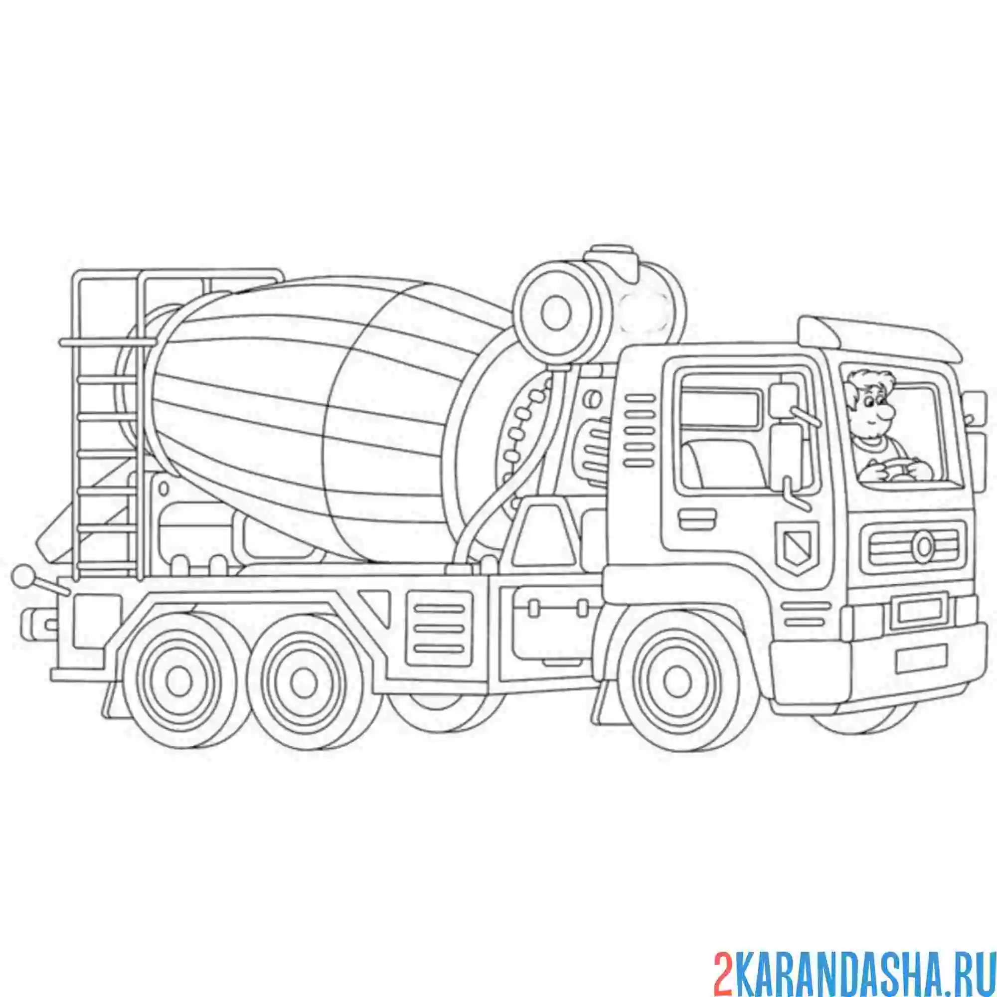 Раскраска бетономешалка с водителем за рулем