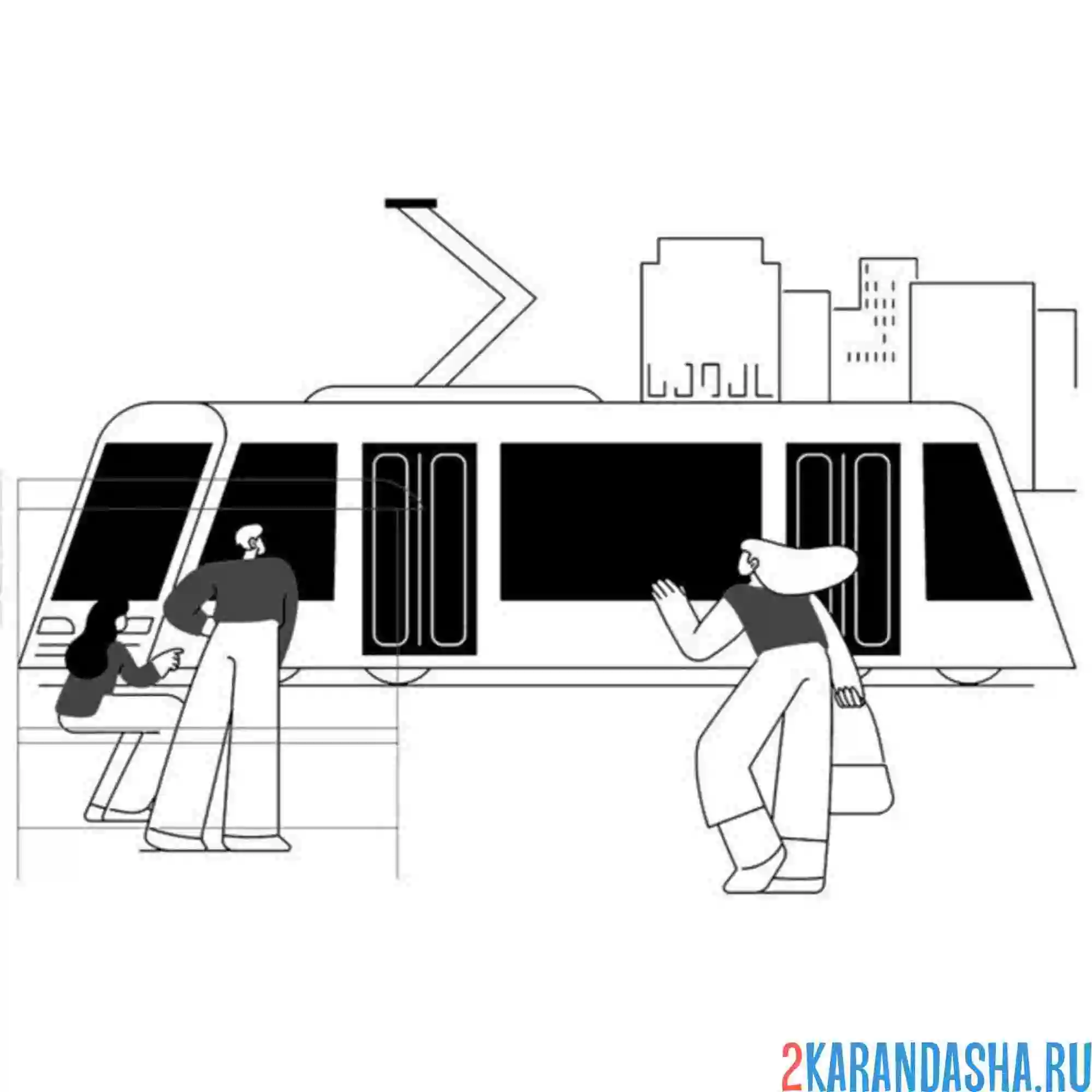 Раскраска люди бегут на трамвай