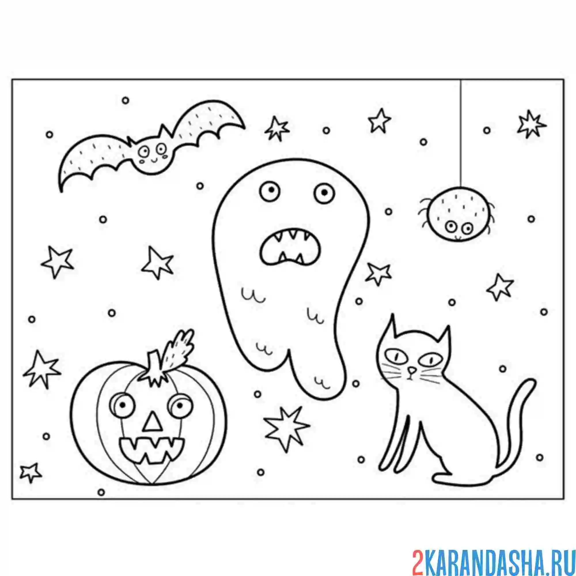 Раскраска котики и привидение с тыквой