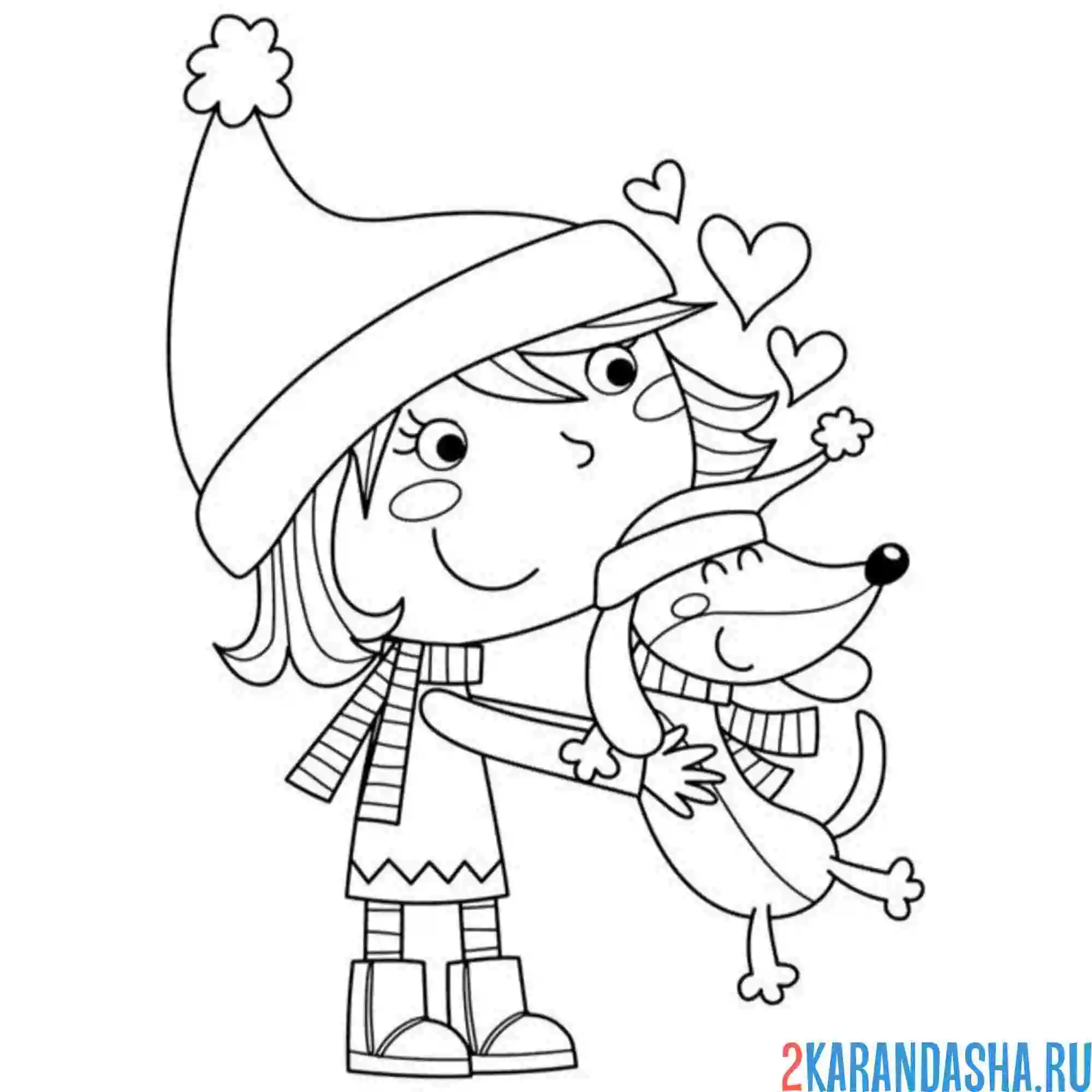 Раскраска девочка и новогодняя такса