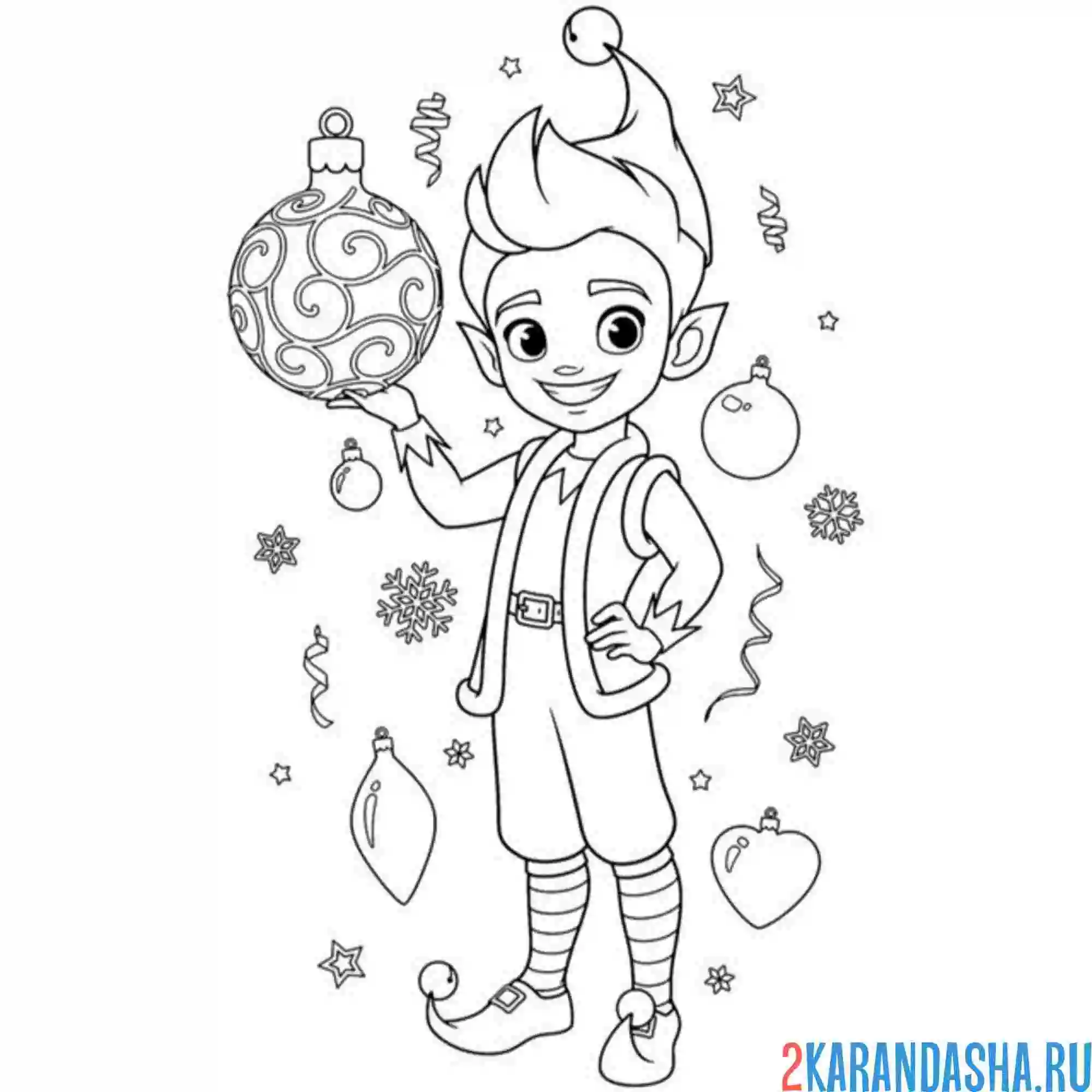 Раскраска эльф с новогодним шаром