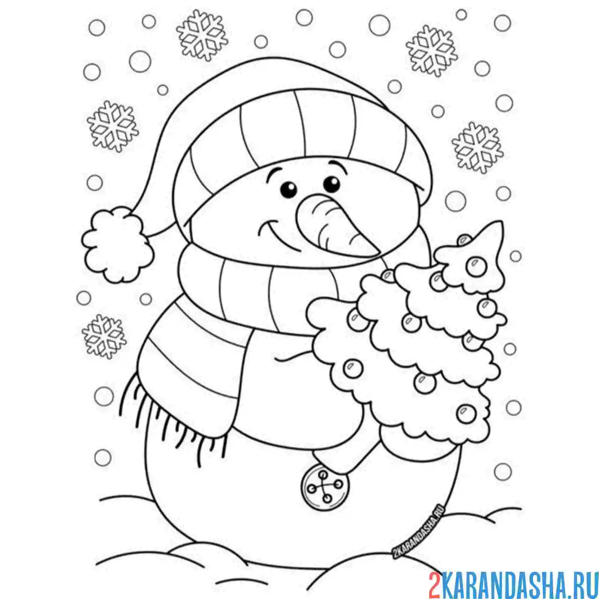 Раскраска новогодний снеговик с елкой