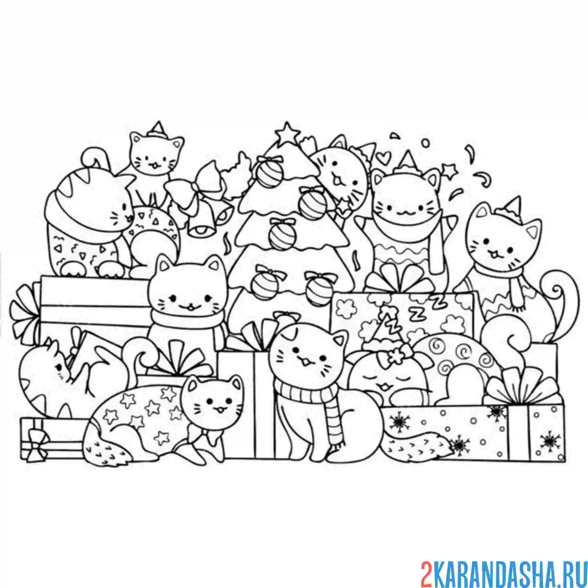 Раскраска новогодние котики вместе