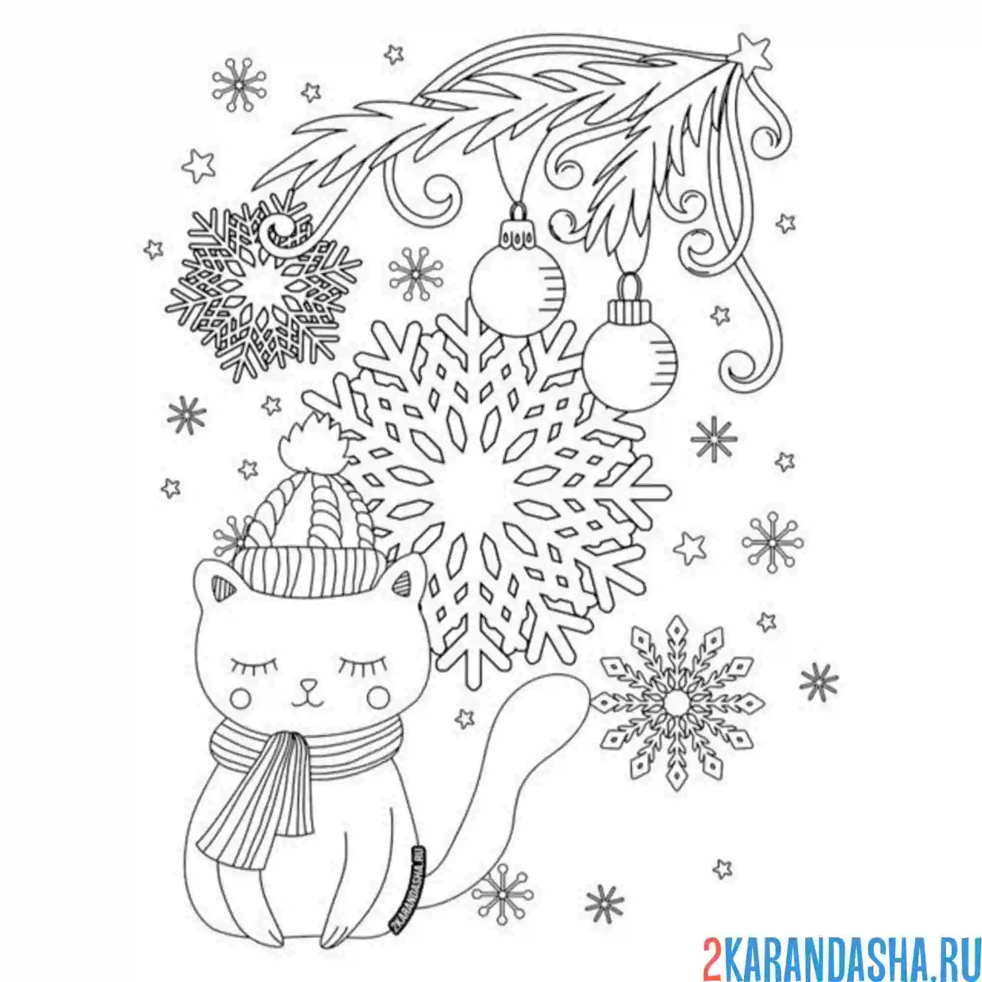 Раскраска новогодний котик под веткой елки