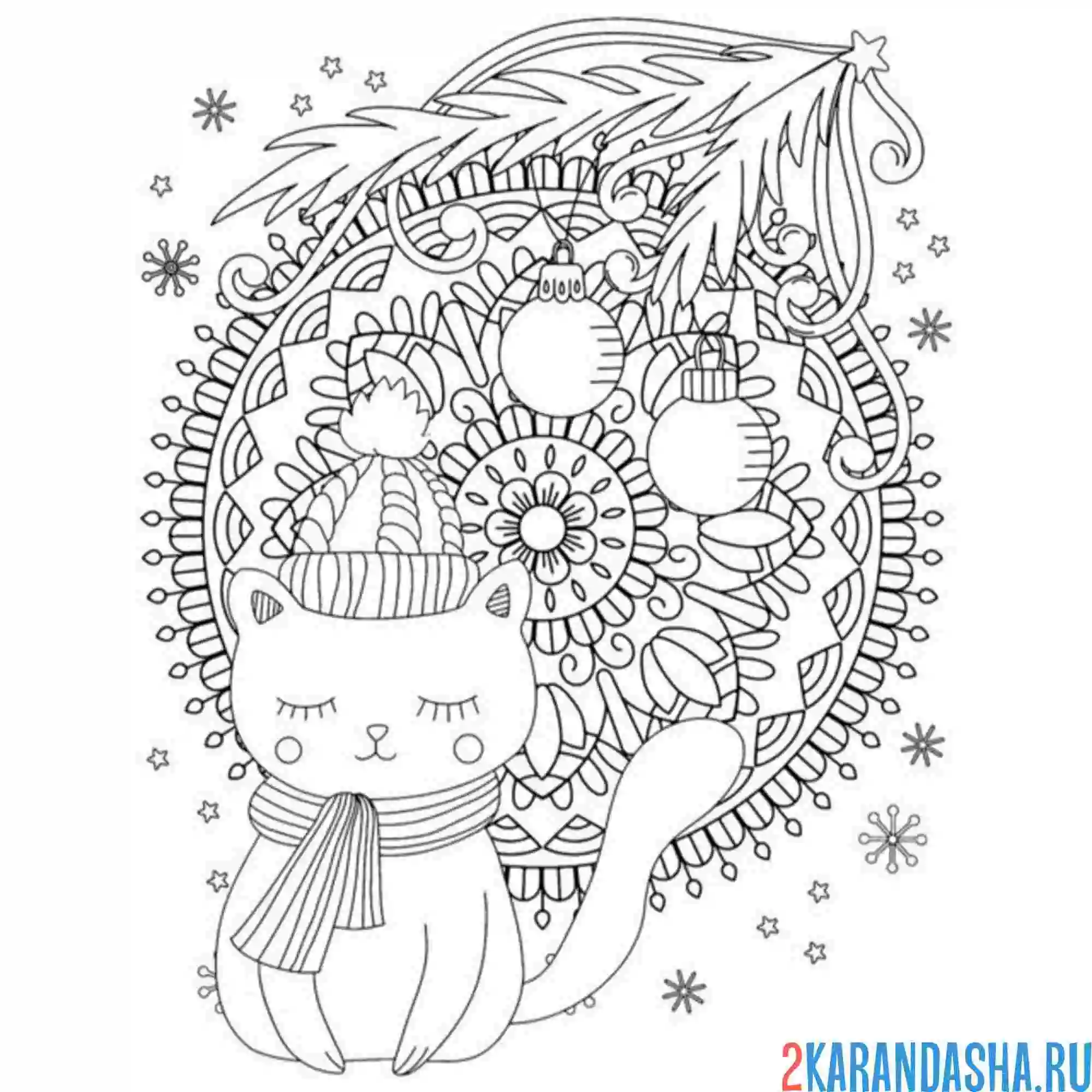 Раскраска новогодний котик спит