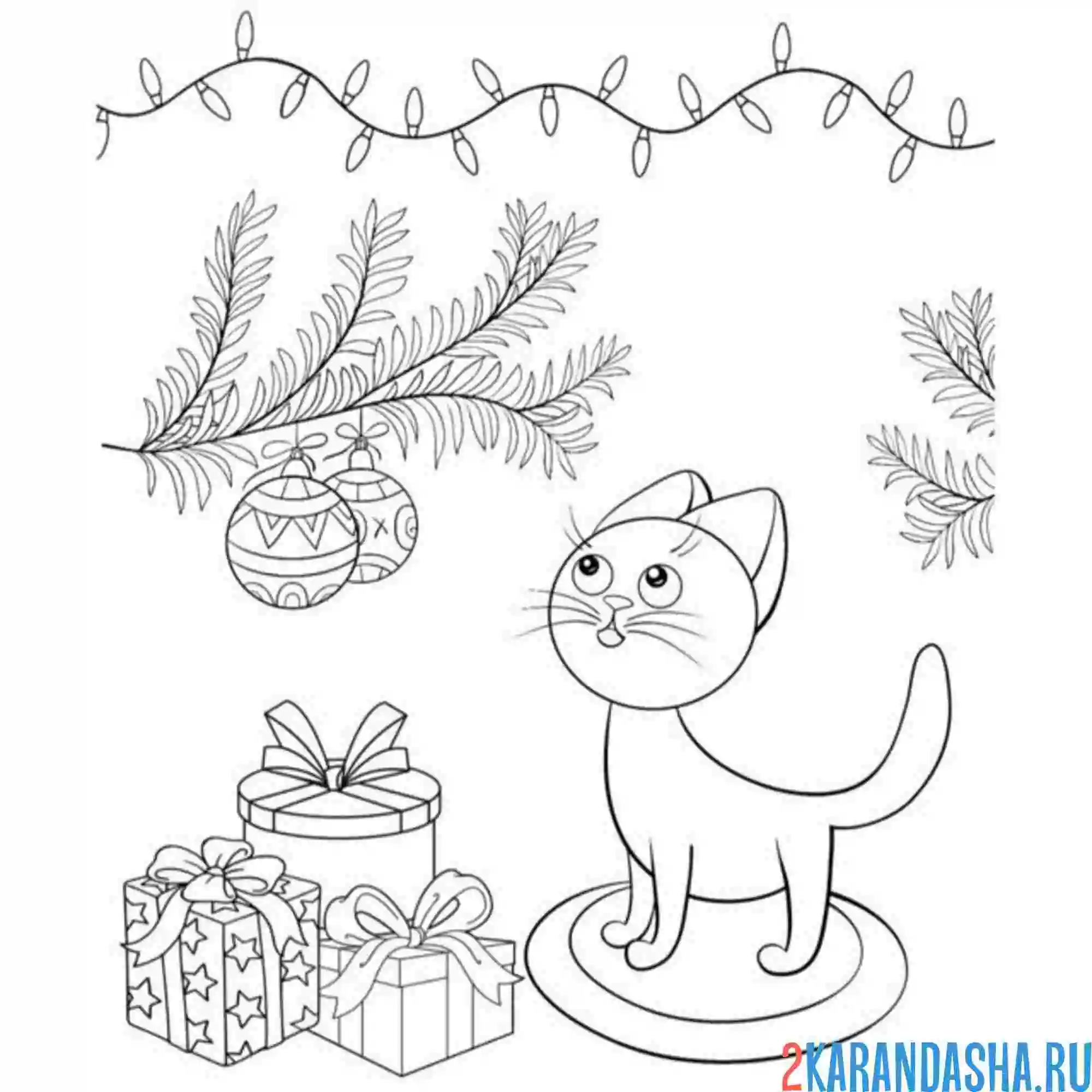 Раскраска новогодний котик у елки