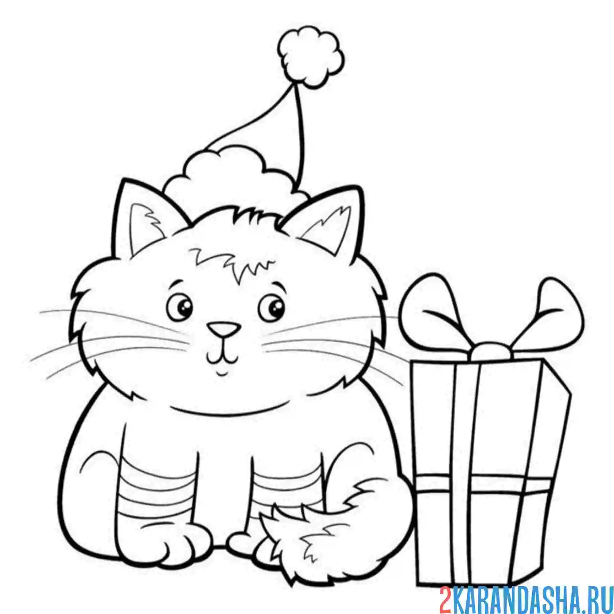 Раскраска новогодний котик и подарок