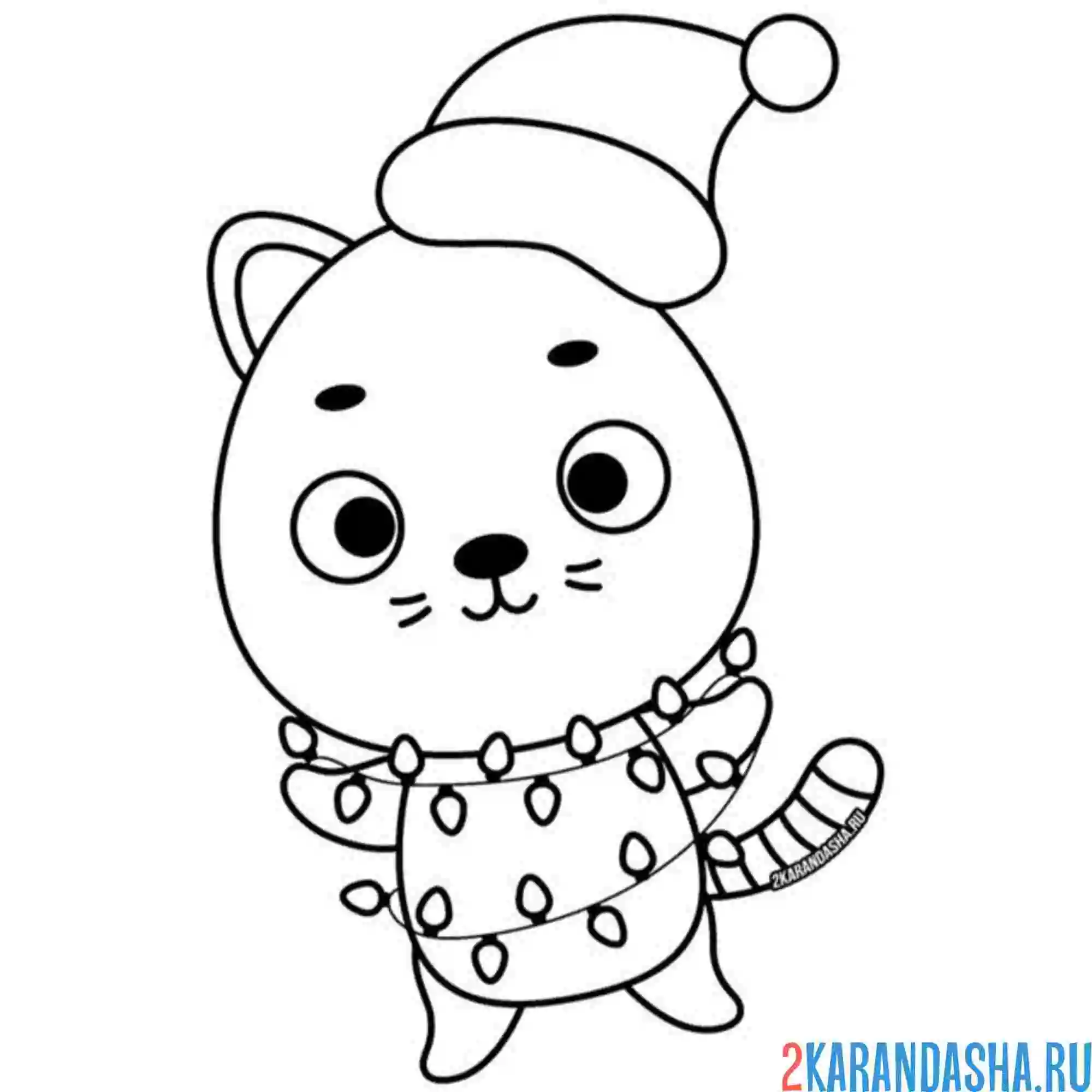 Раскраска новогодний котик и гирлянда