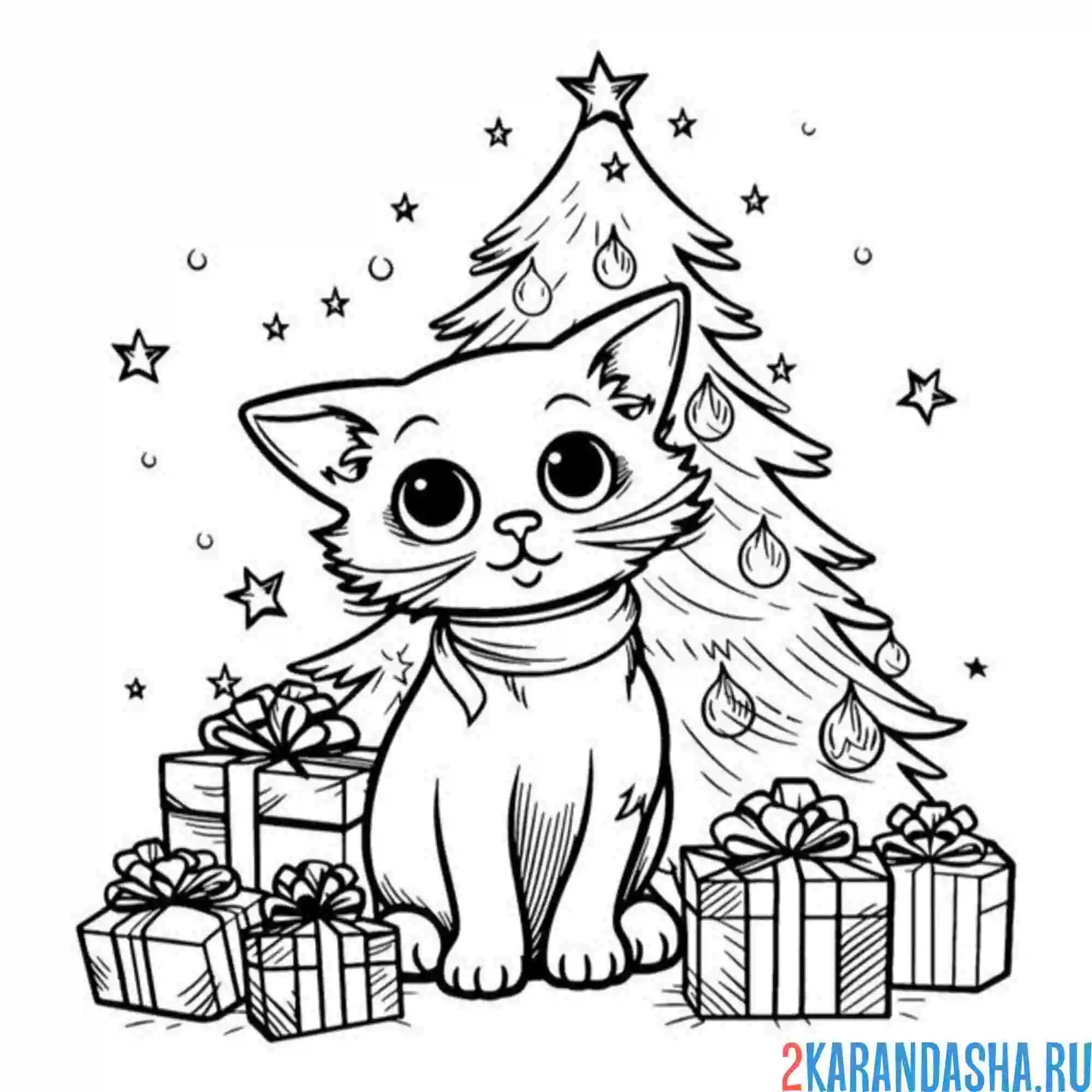 Раскраска елка и новогодний котик
