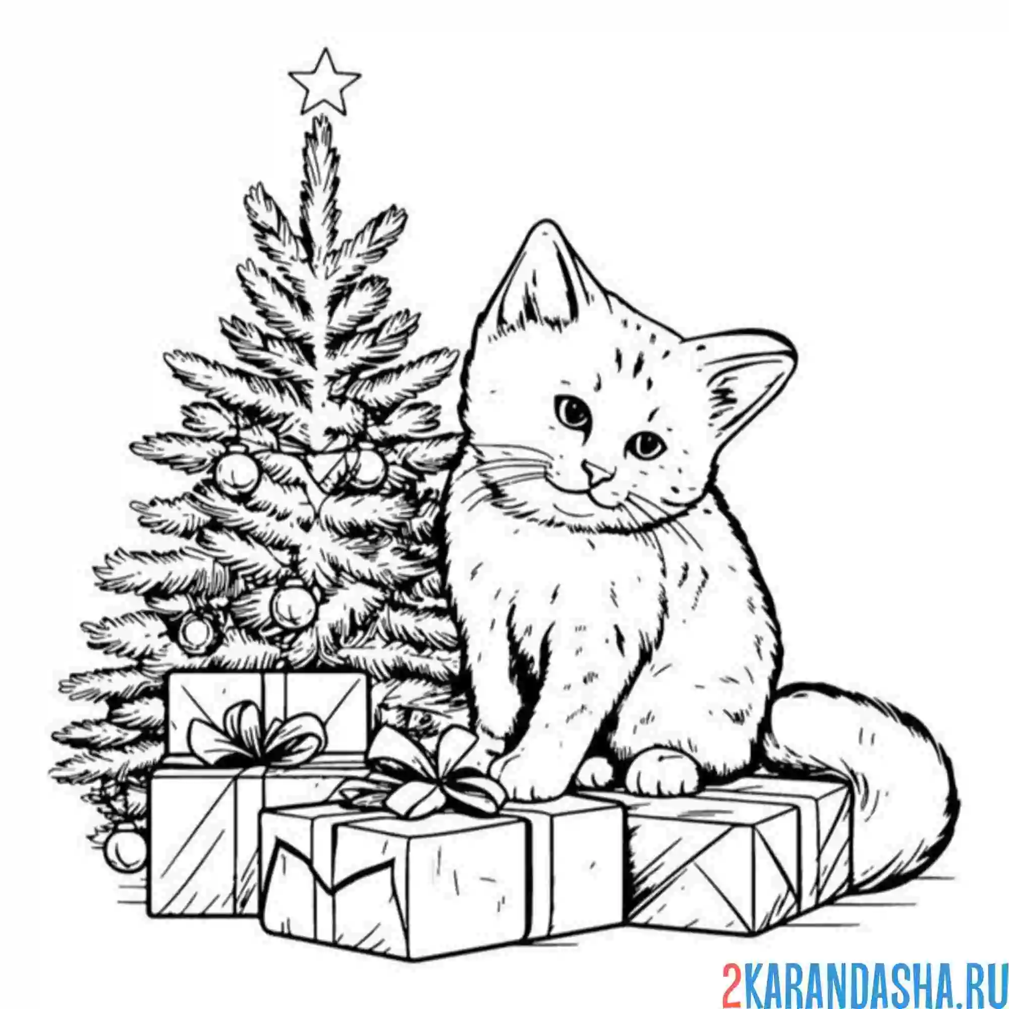 Раскраска подарки и новогодний котик