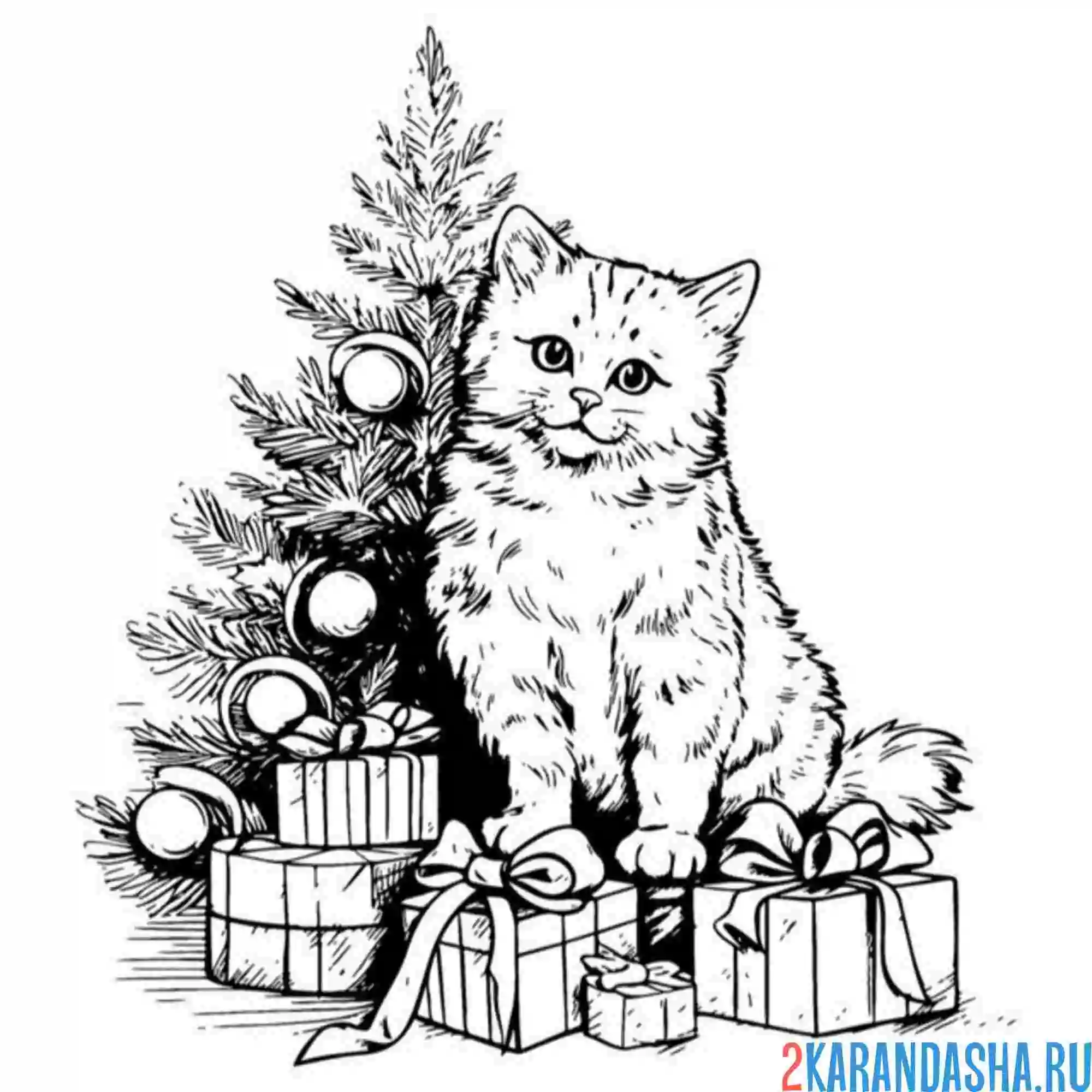 Раскраска котик у елки