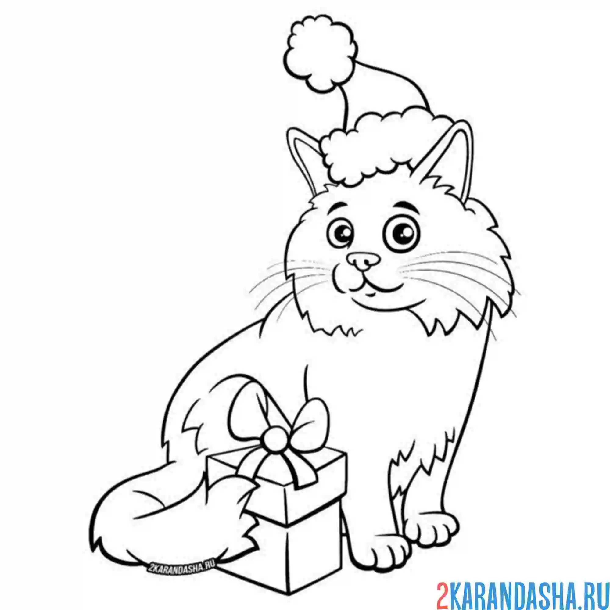 Раскраска пушистый новогодний котик