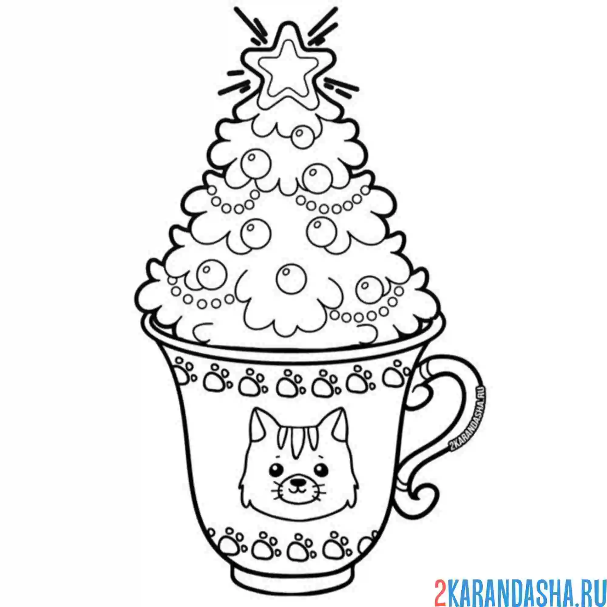 Раскраска новогодний котик и елка в чашке