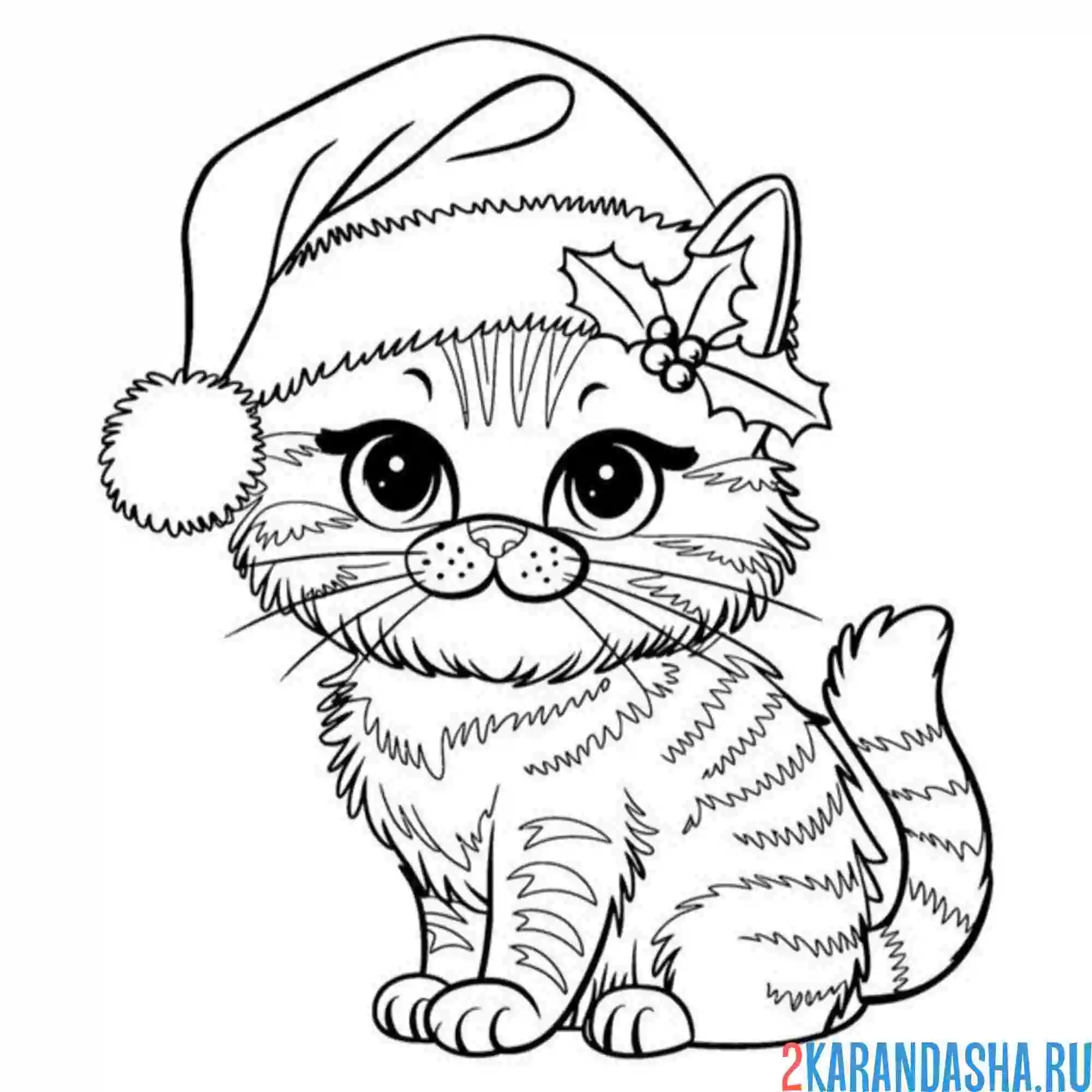 Раскраска новогодний котик в шапке