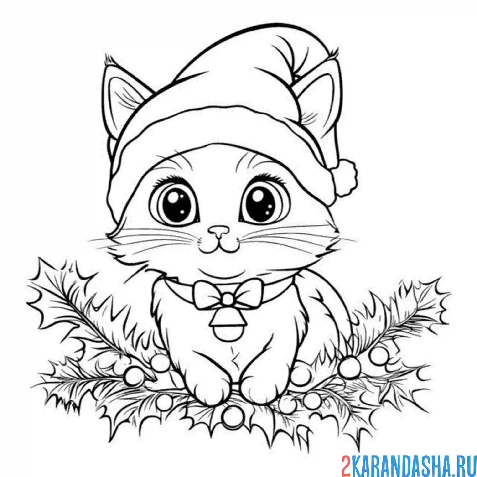 Раскраска еловые ветки и новогодний котик