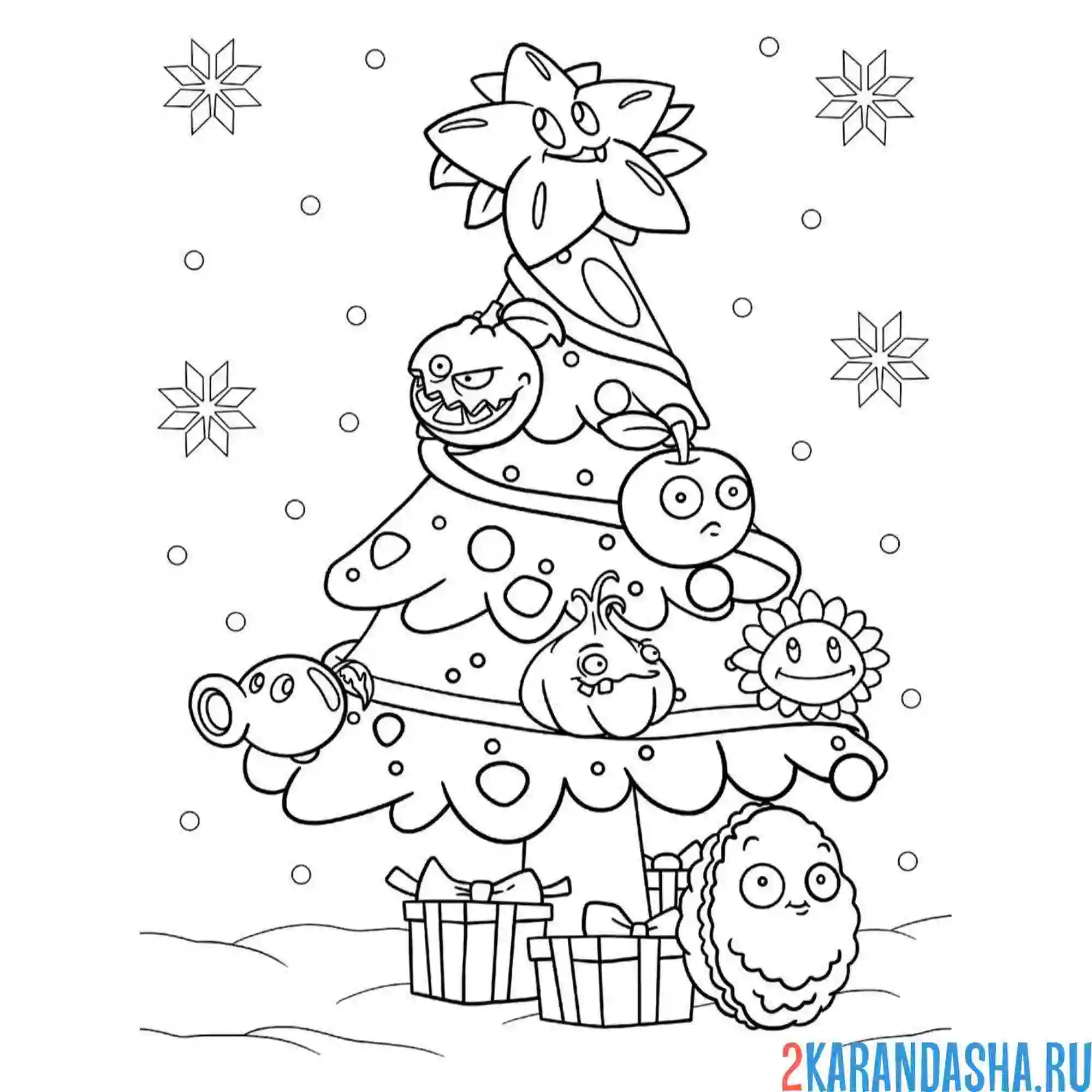 Раскраска зомби против растений елка новогодняя