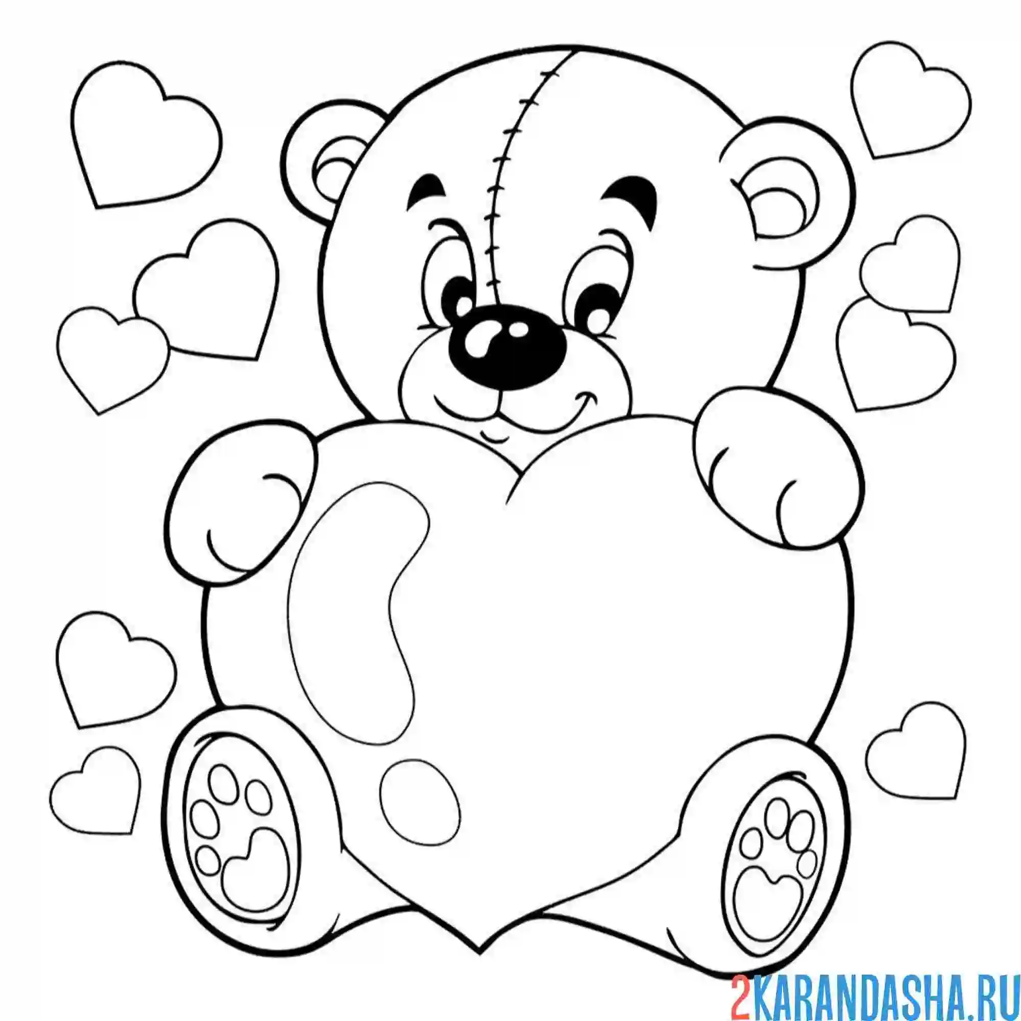 Раскраска большое сердечко у мишки 14 февраля