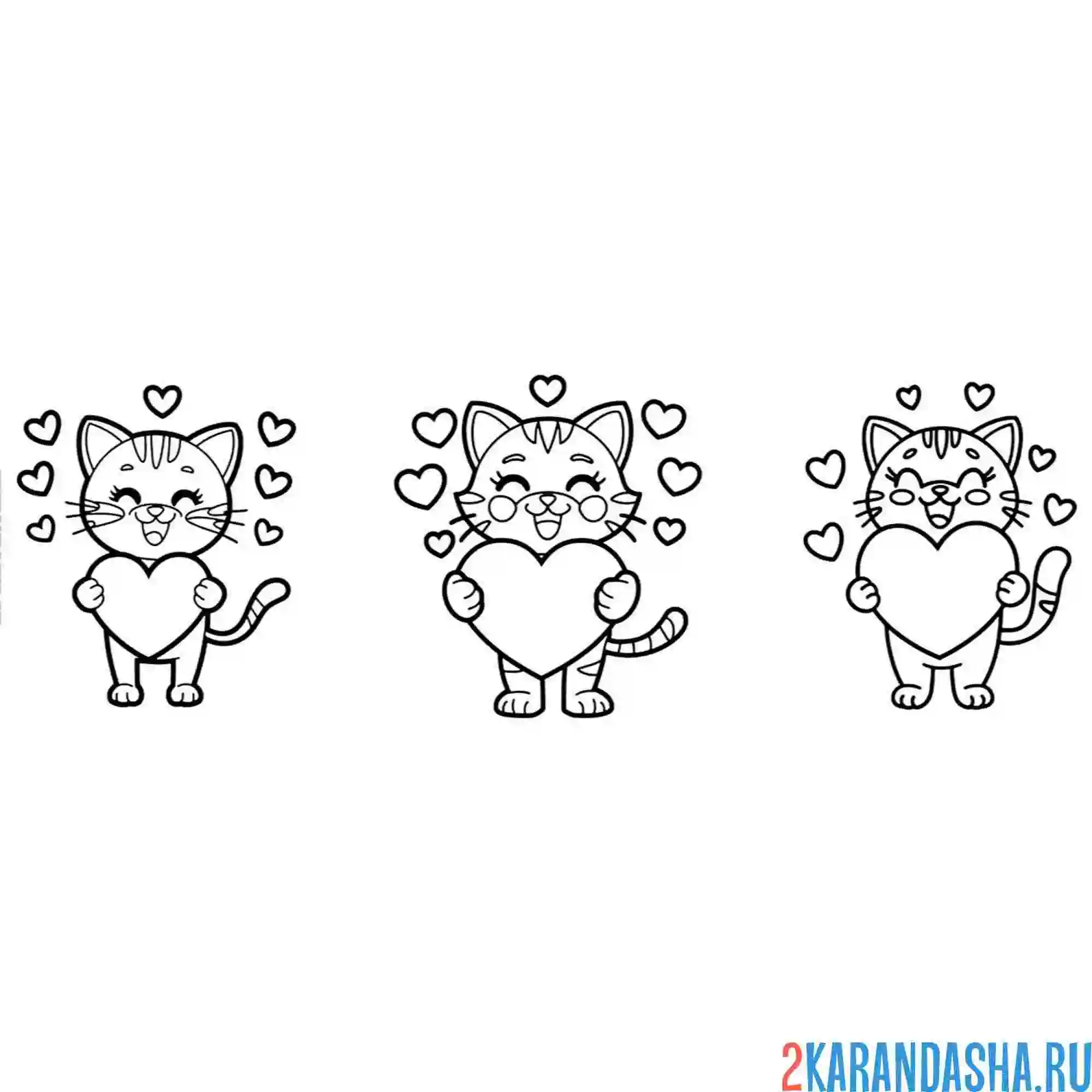 Раскраска три котика с сердечком 14 февраля