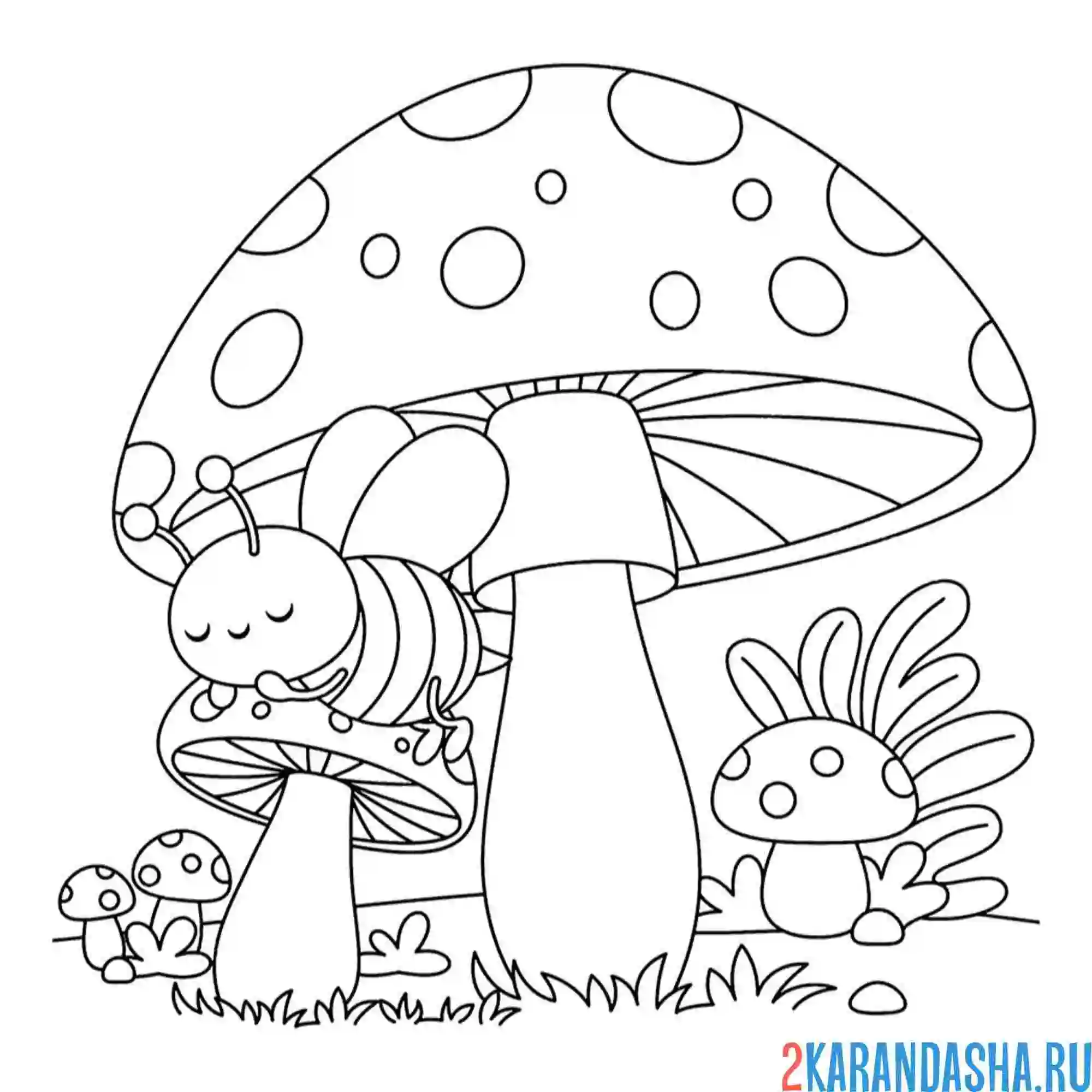 Раскраска пчела под грибом