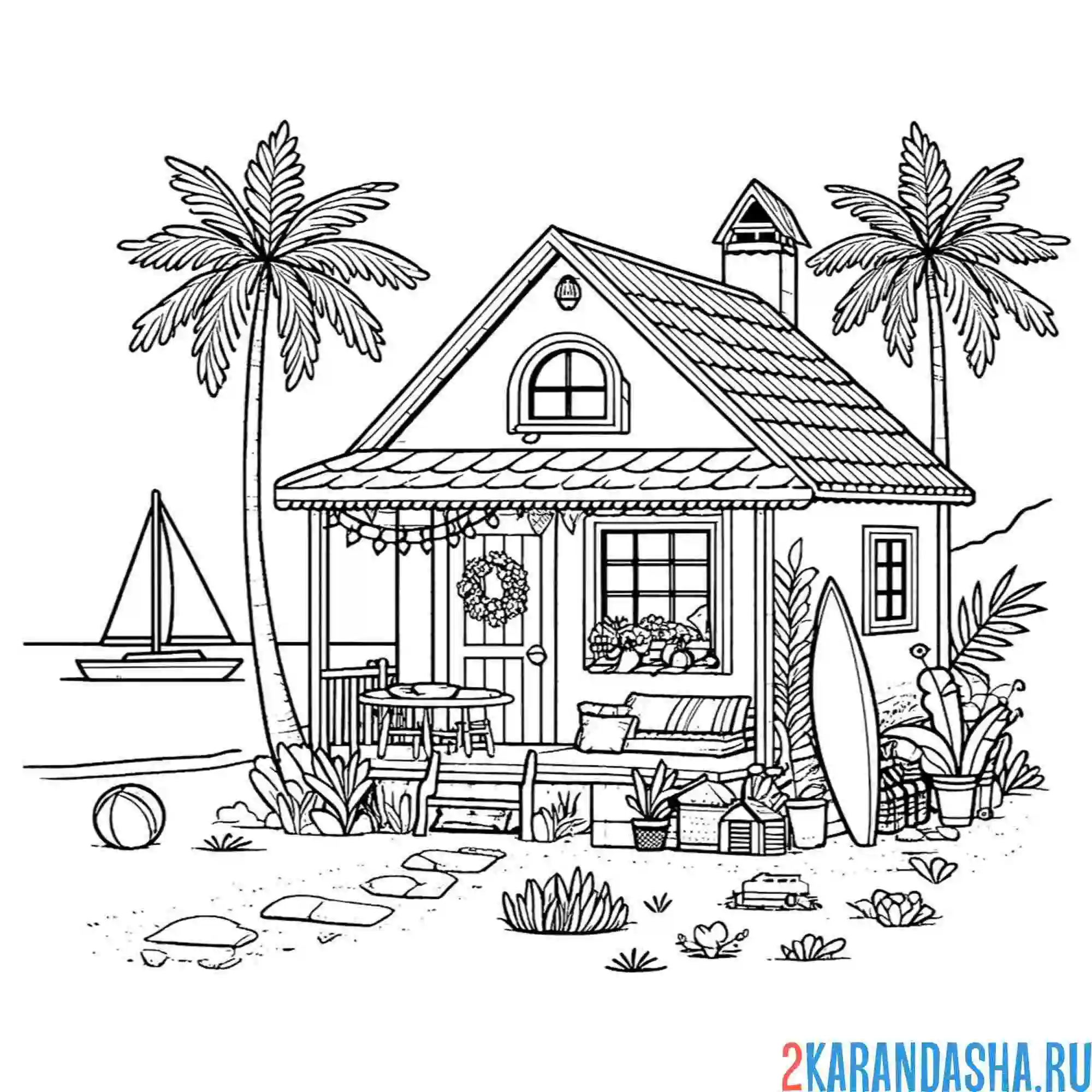 Раскраска летний домик на пляже